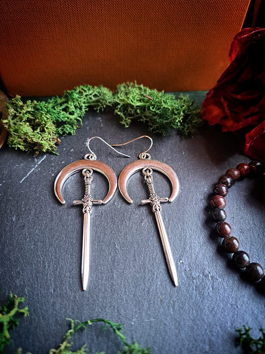 Lunula Crescent Moon Sword Earrings
