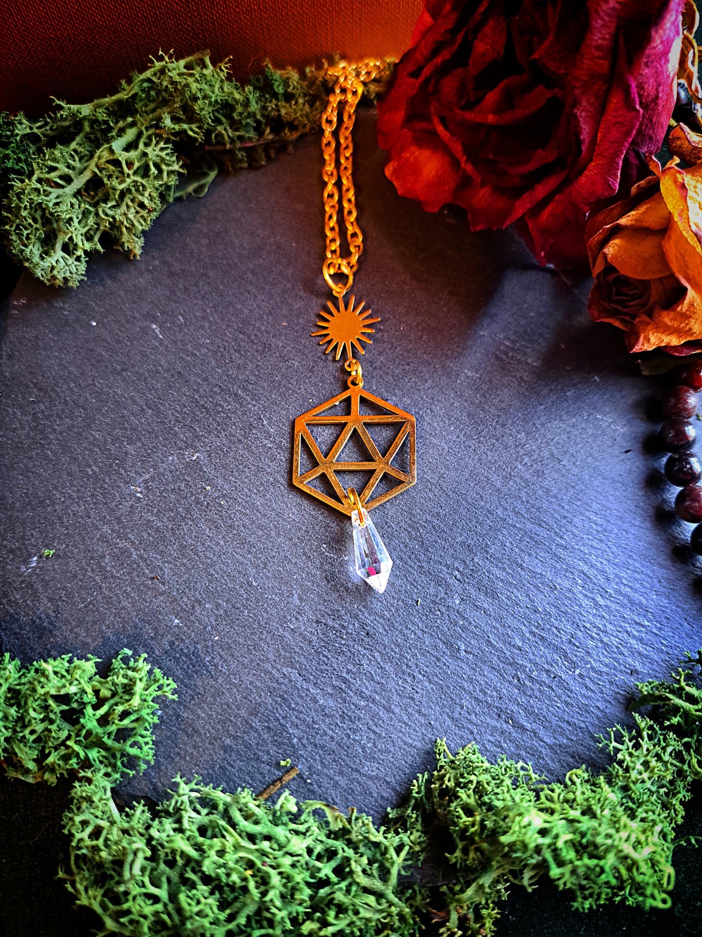 D20 Gold Outline Crystal and Sun Necklace