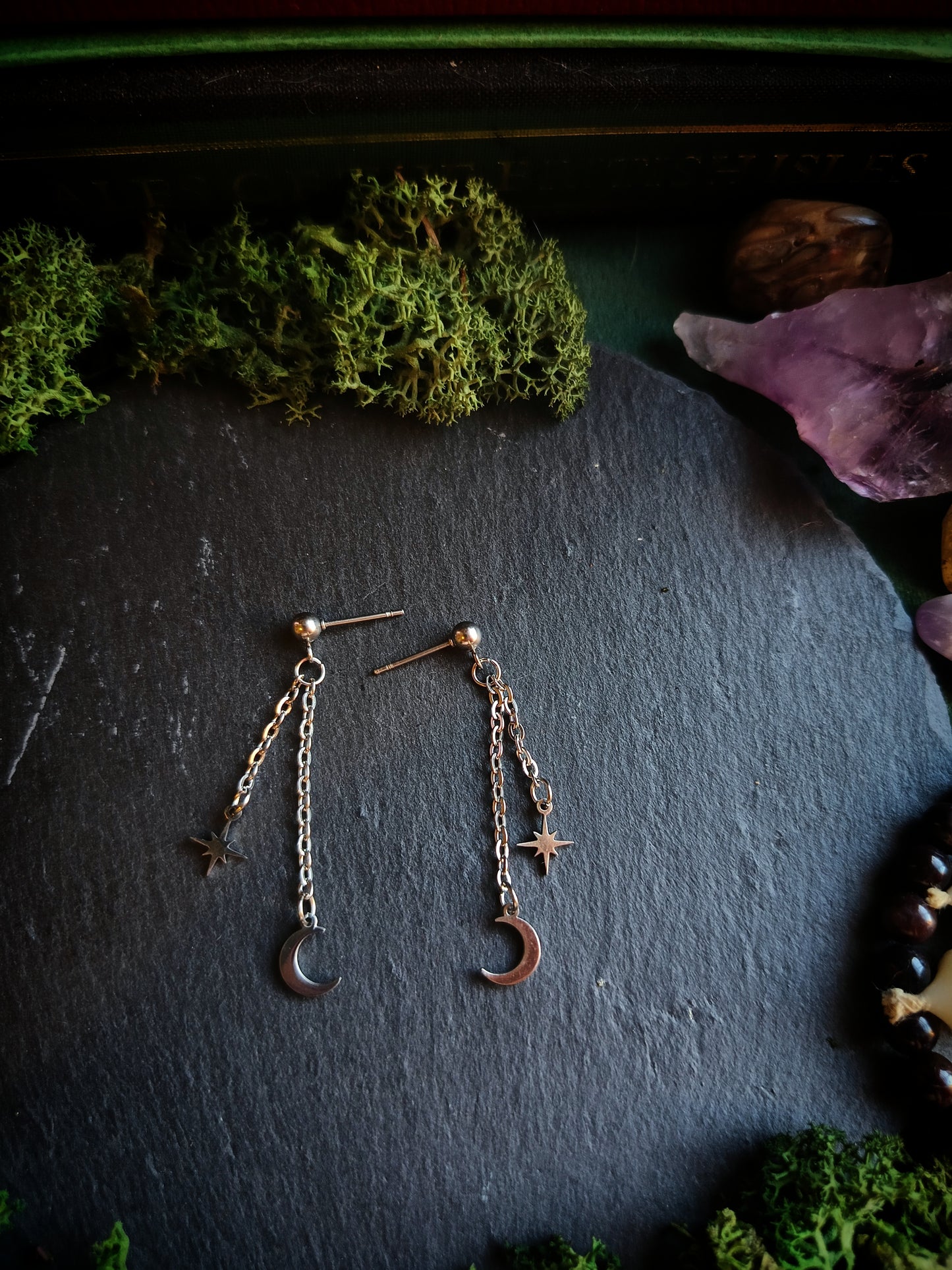 Crescent Moon & Star Stud Chain Earrings
