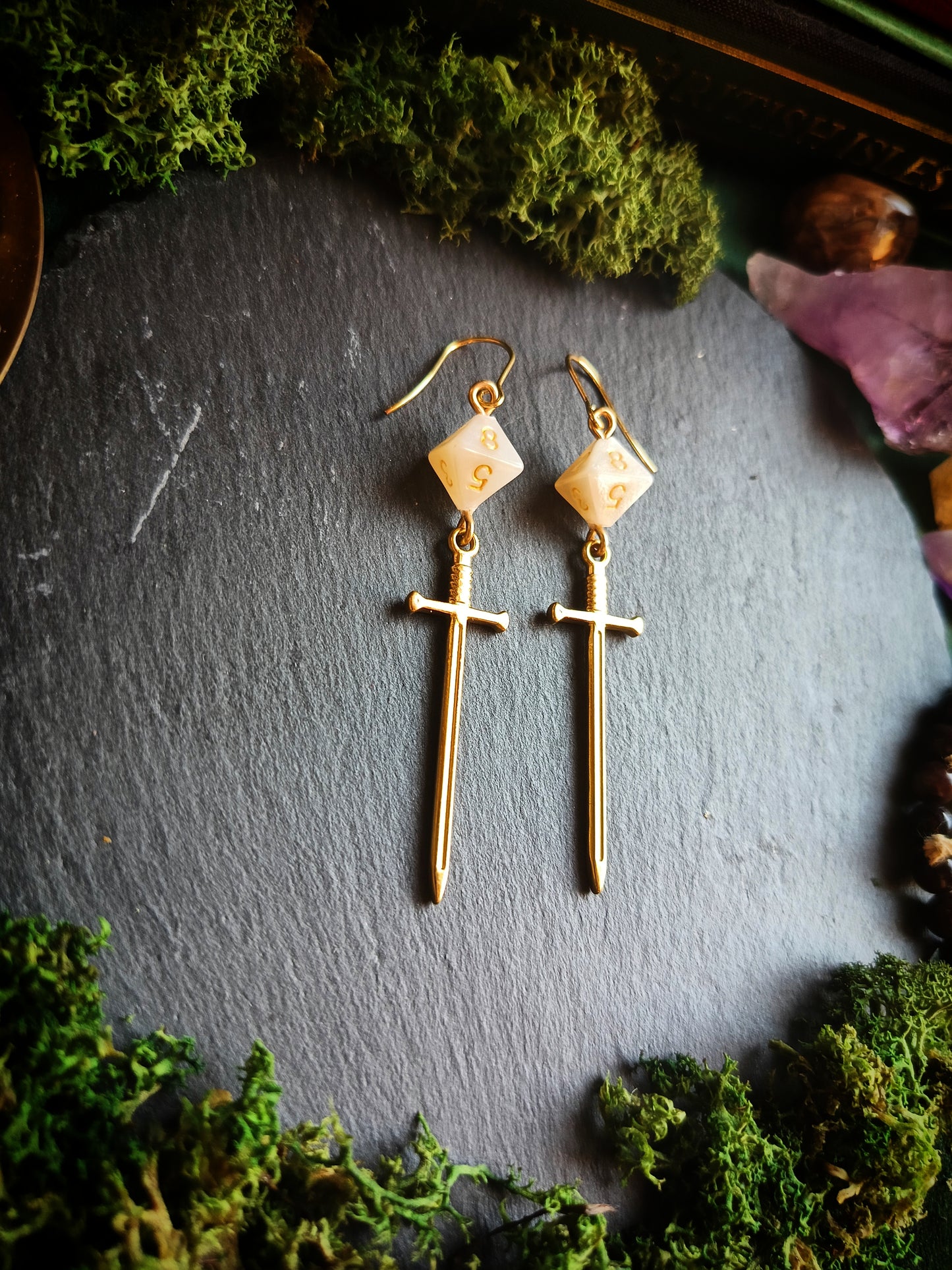 Gold and White D8 Sword Earrings