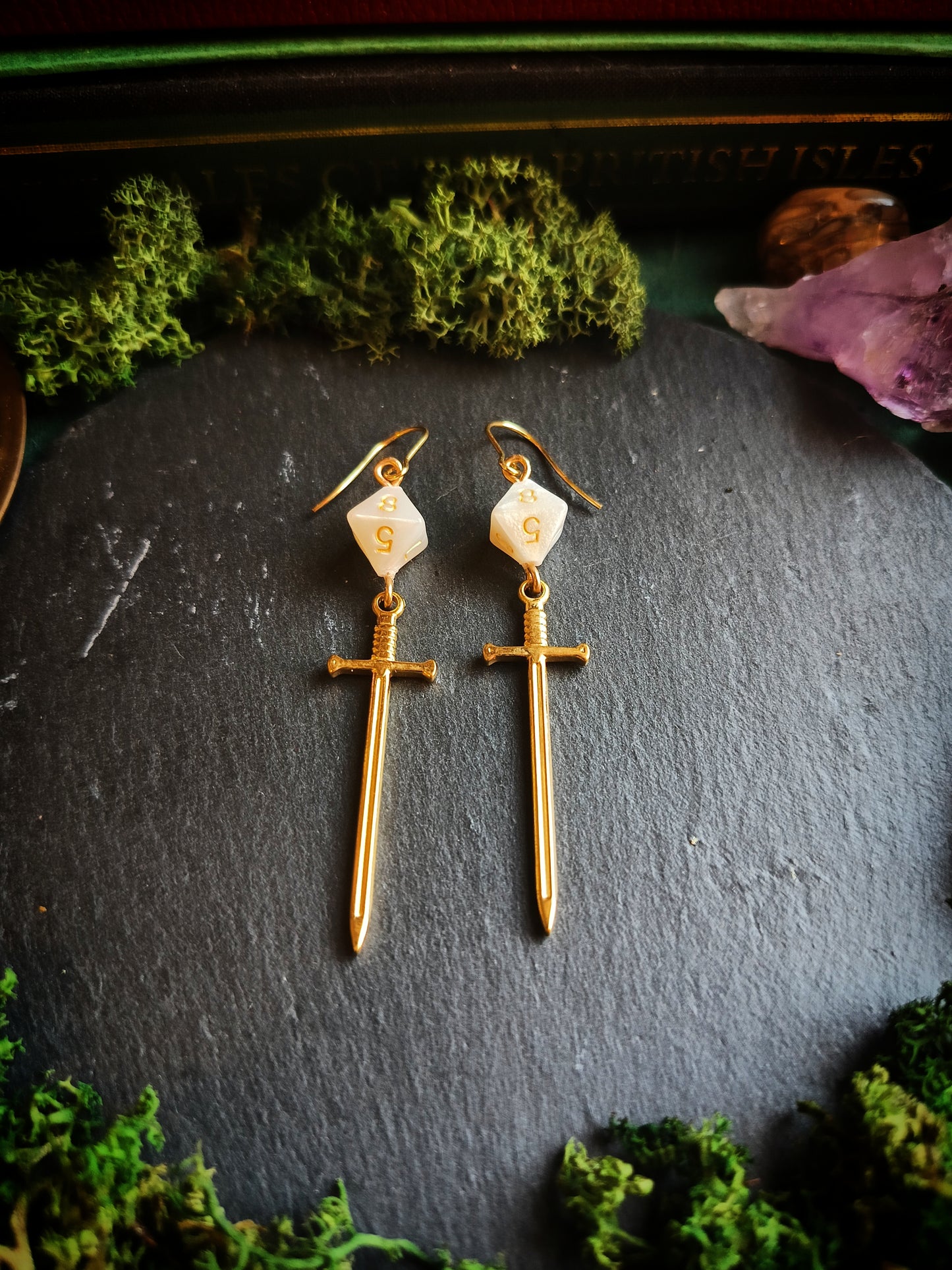 Gold and White D8 Sword Earrings