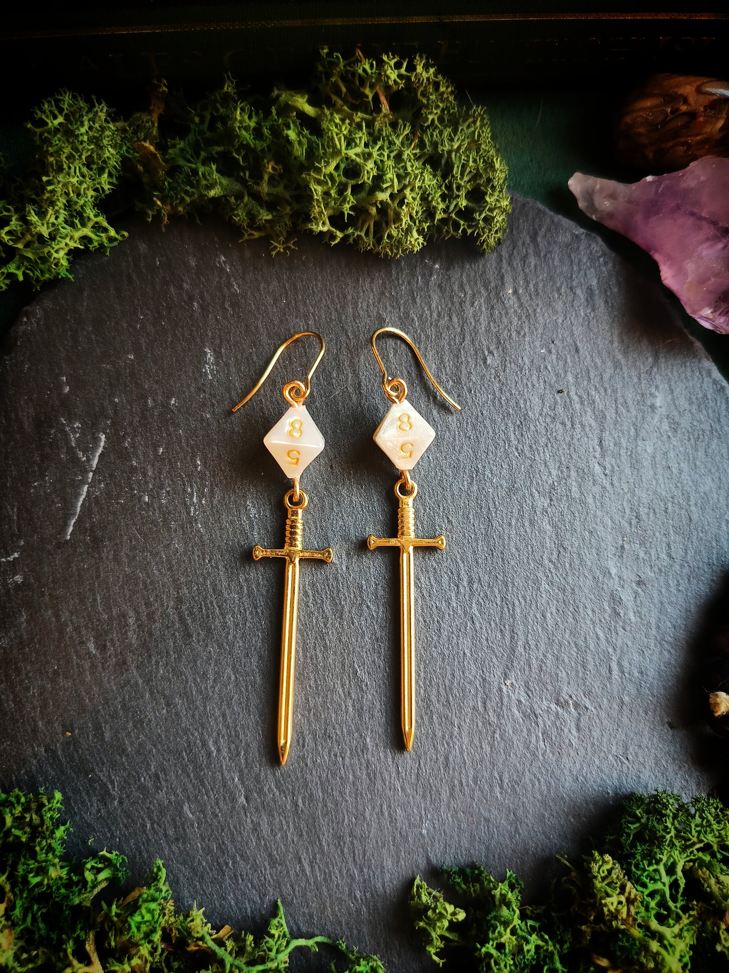 Gold and White D8 Sword Earrings