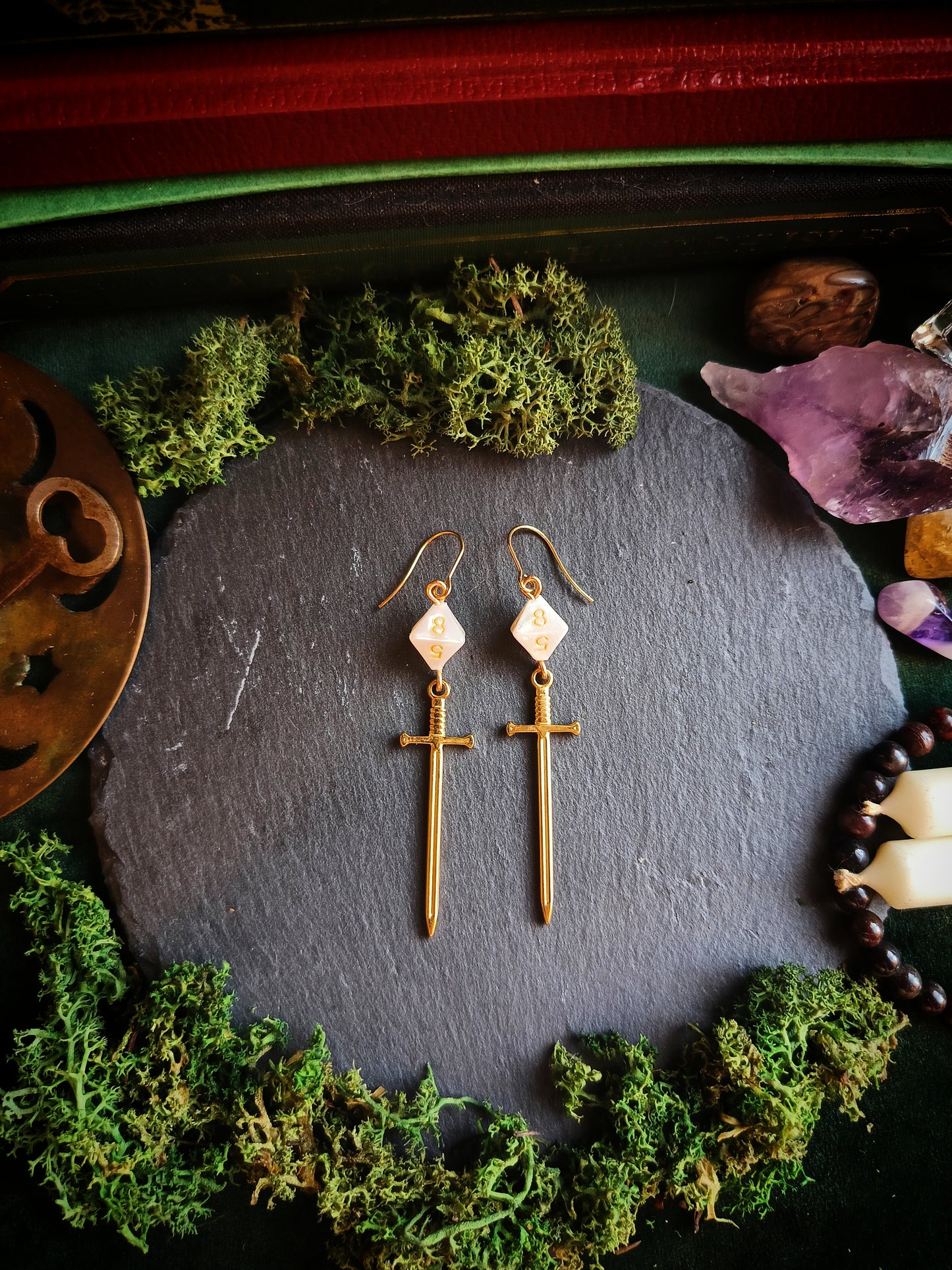 Gold and White D8 Sword Earrings