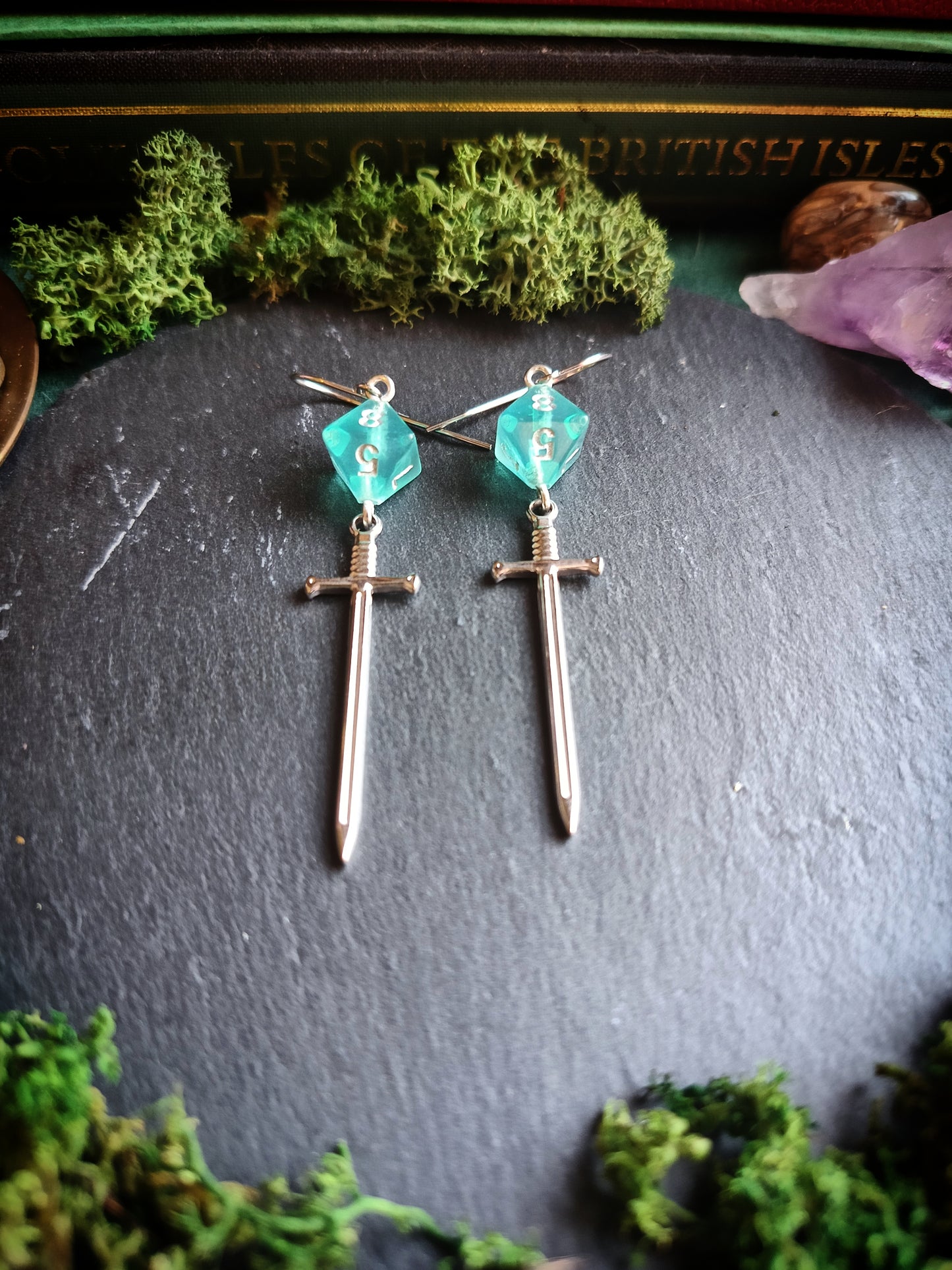 Aqua Blue D8 Sword Earrings