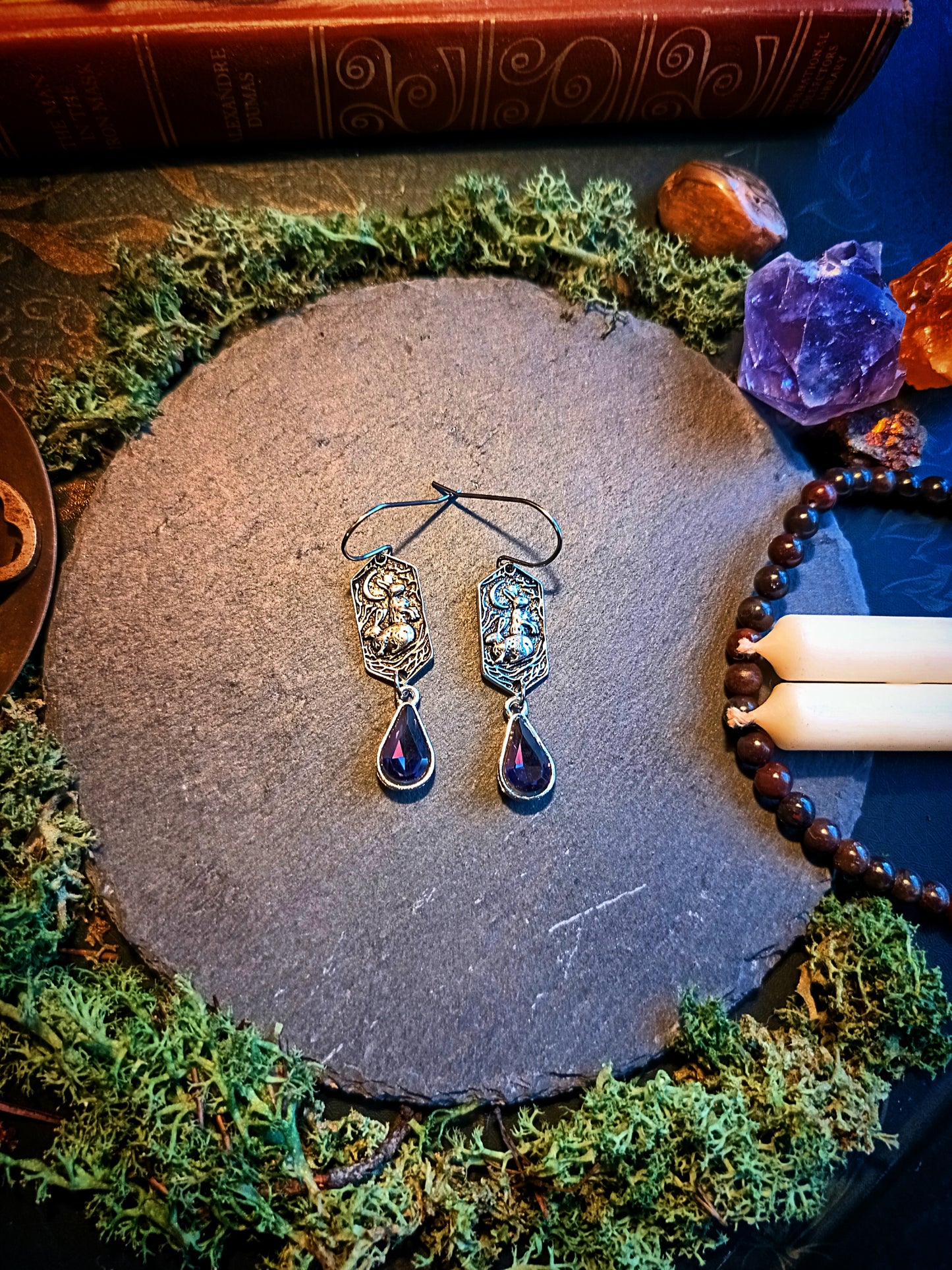 Lunar Rabbit Earrings with Violet Crystal Drops