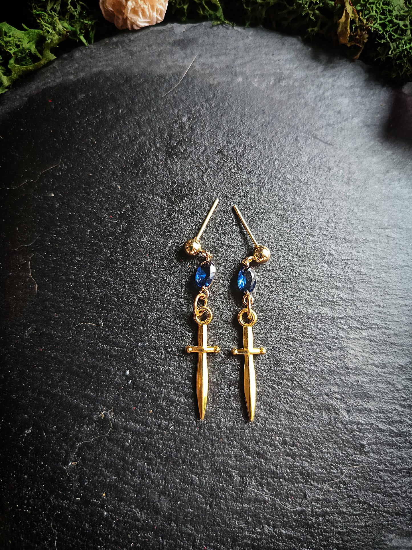 Blue Gem Gold Dagger Earrings