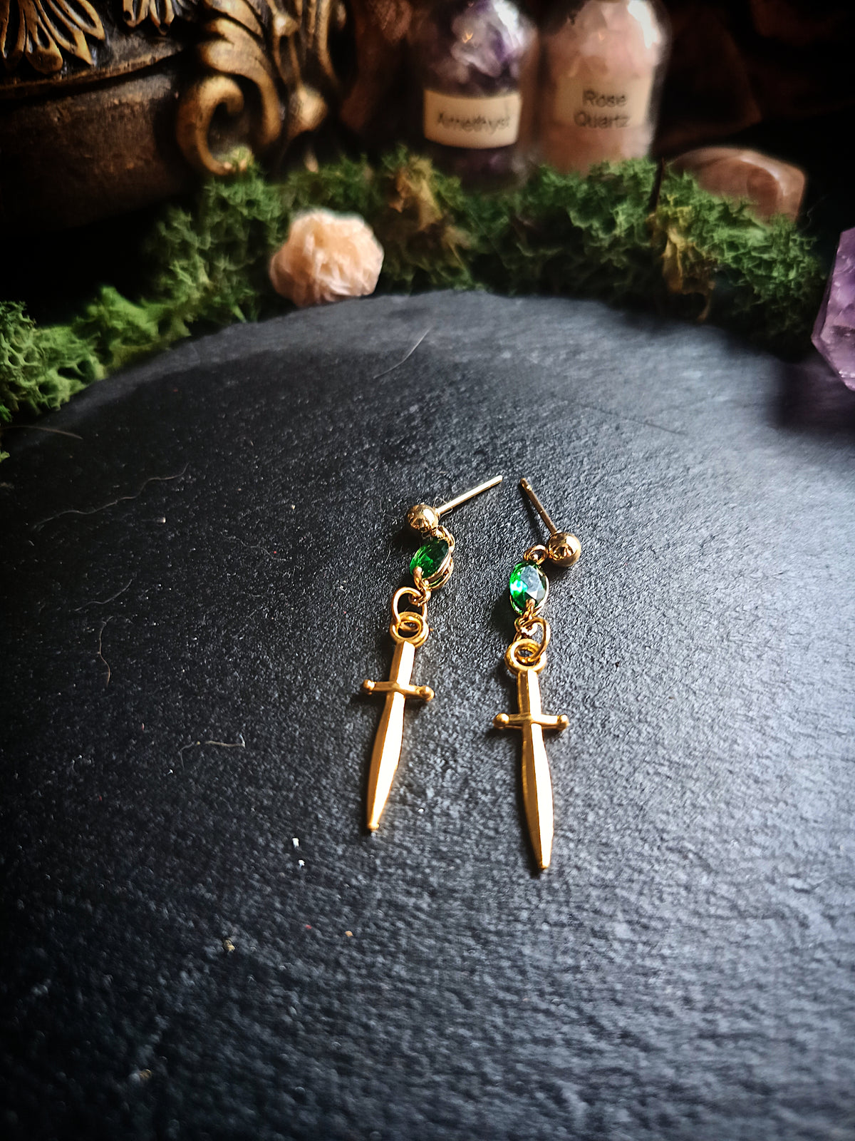 Green Gem Gold Dagger Earrings