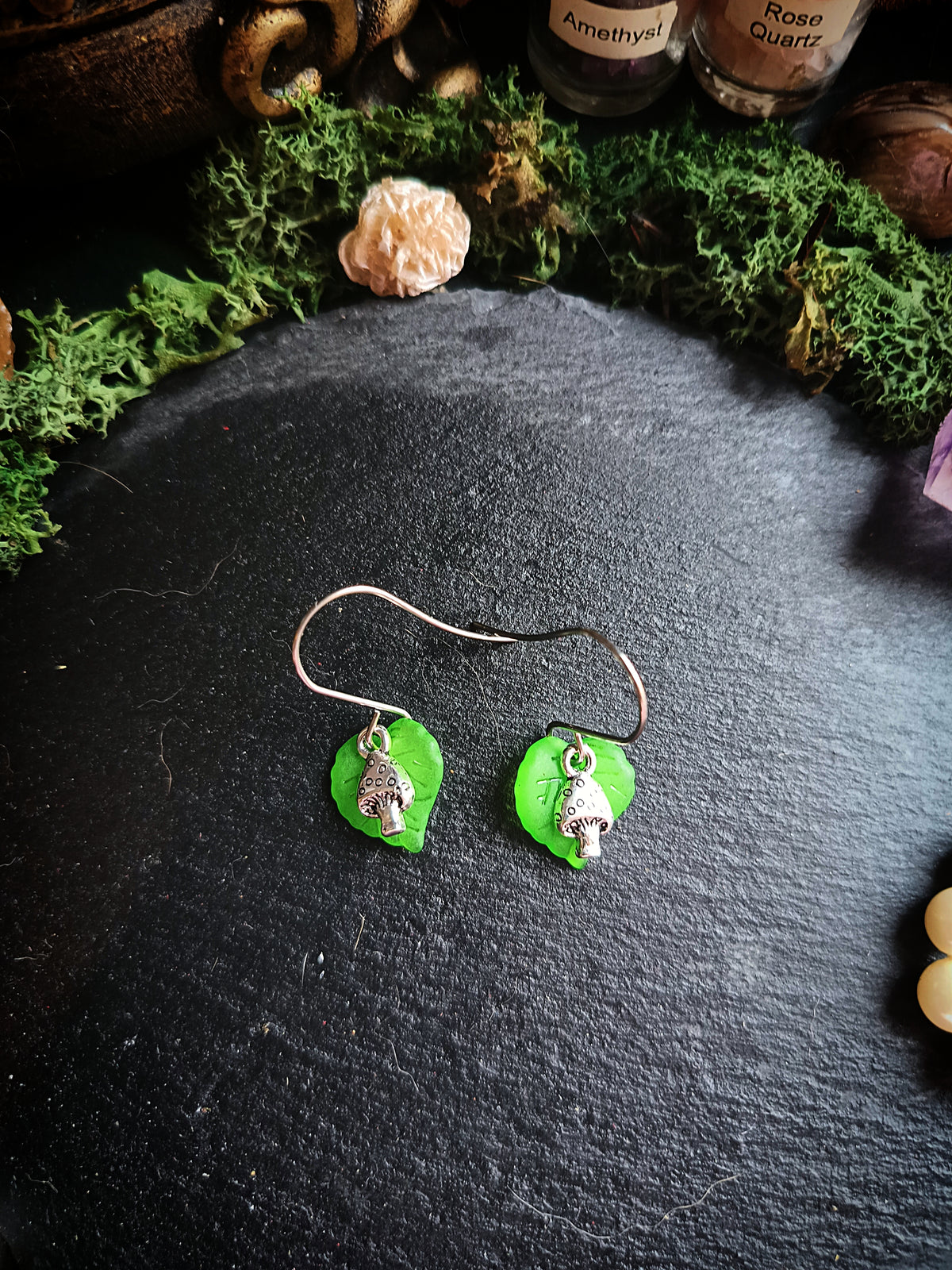 Green and Silver Mini Mushroom and Leaf Earrings