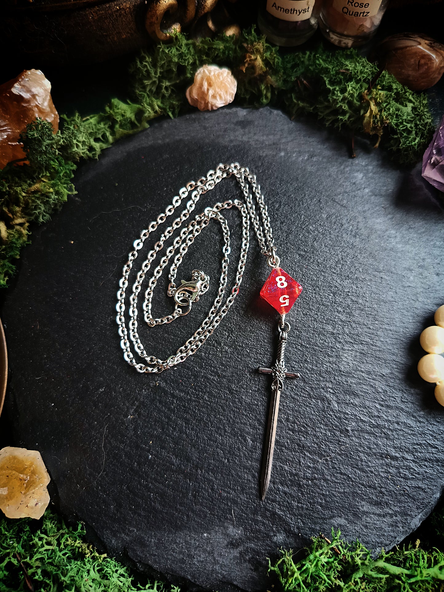 Black and Red d8 Sword Necklace