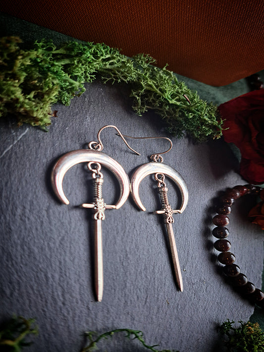 Lunula Crescent Moon Sword Earrings
