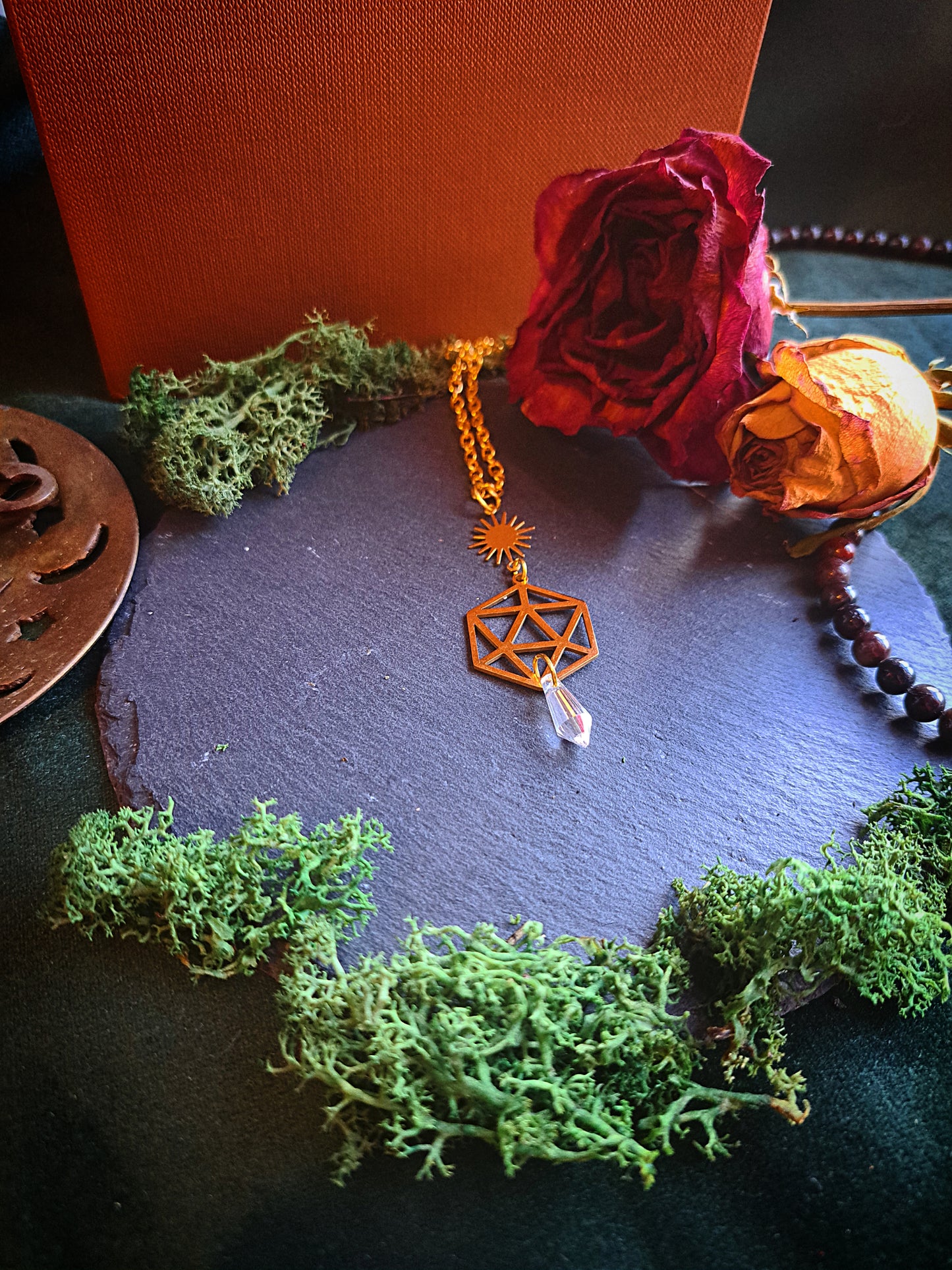 D20 Gold Outline Crystal and Sun Necklace