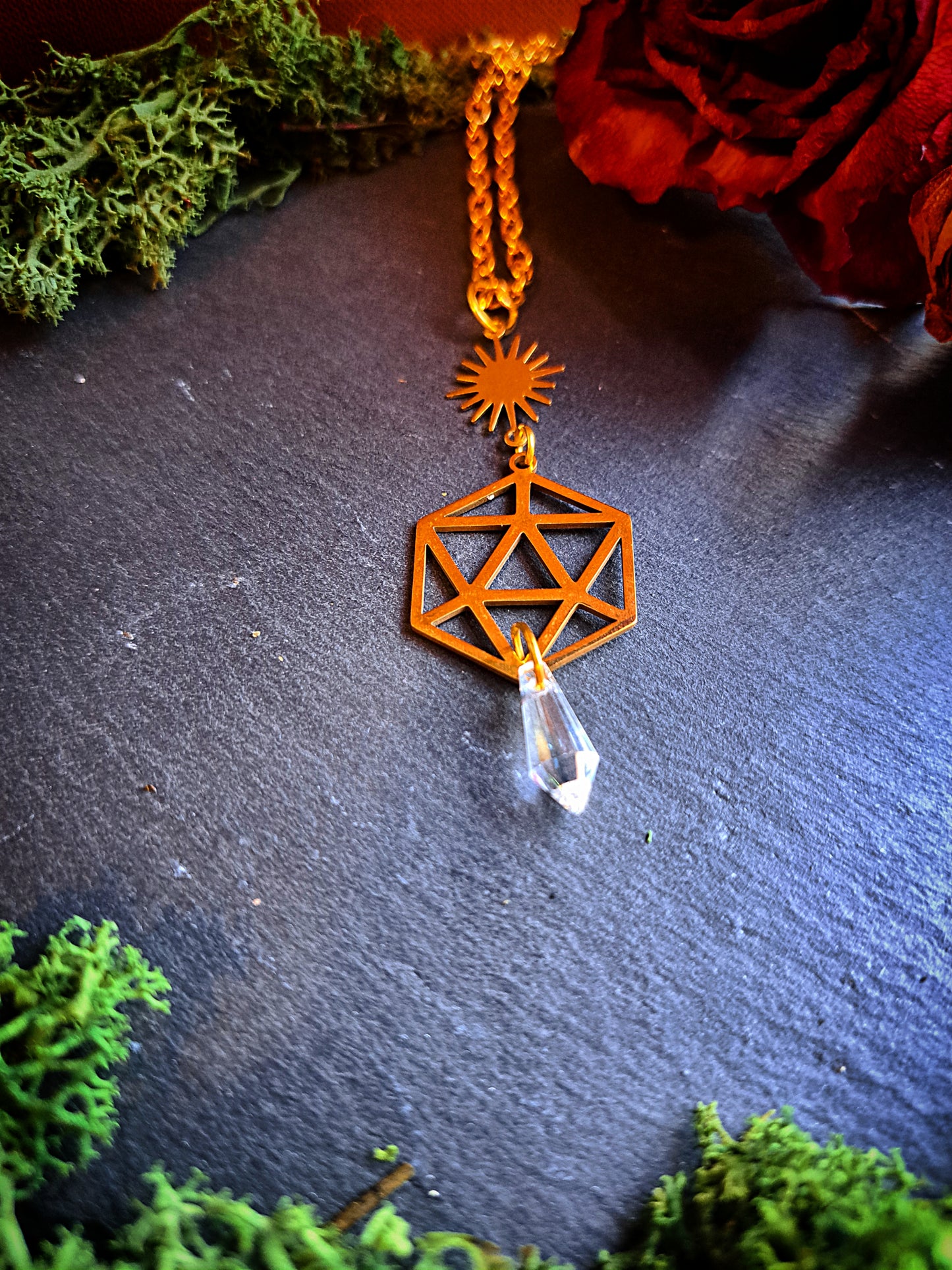 D20 Gold Outline Crystal and Sun Necklace