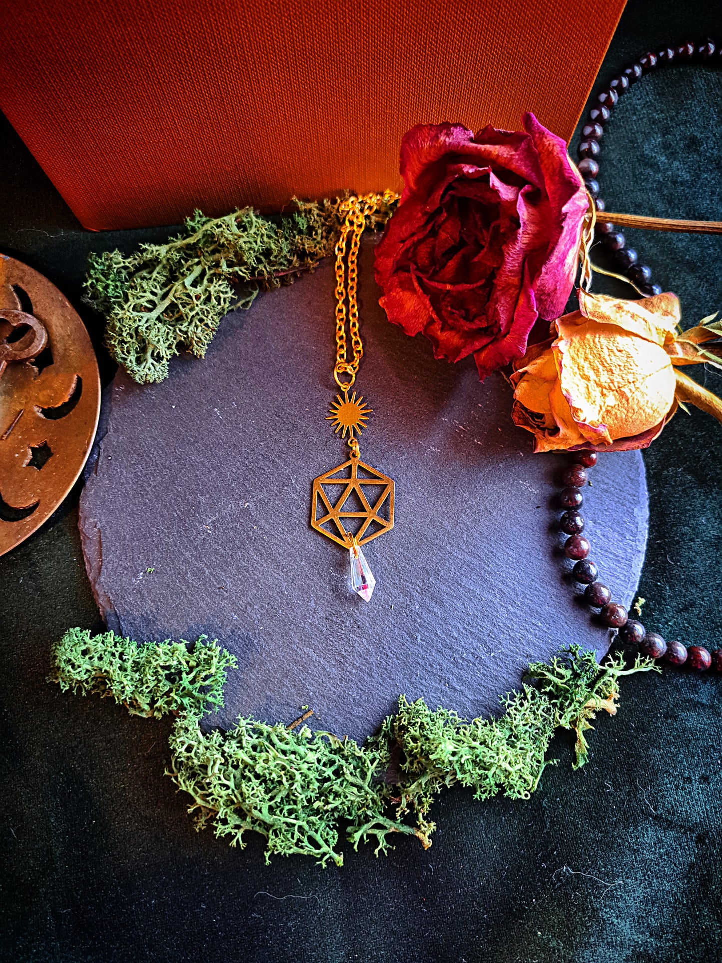 D20 Gold Outline Crystal and Sun Necklace