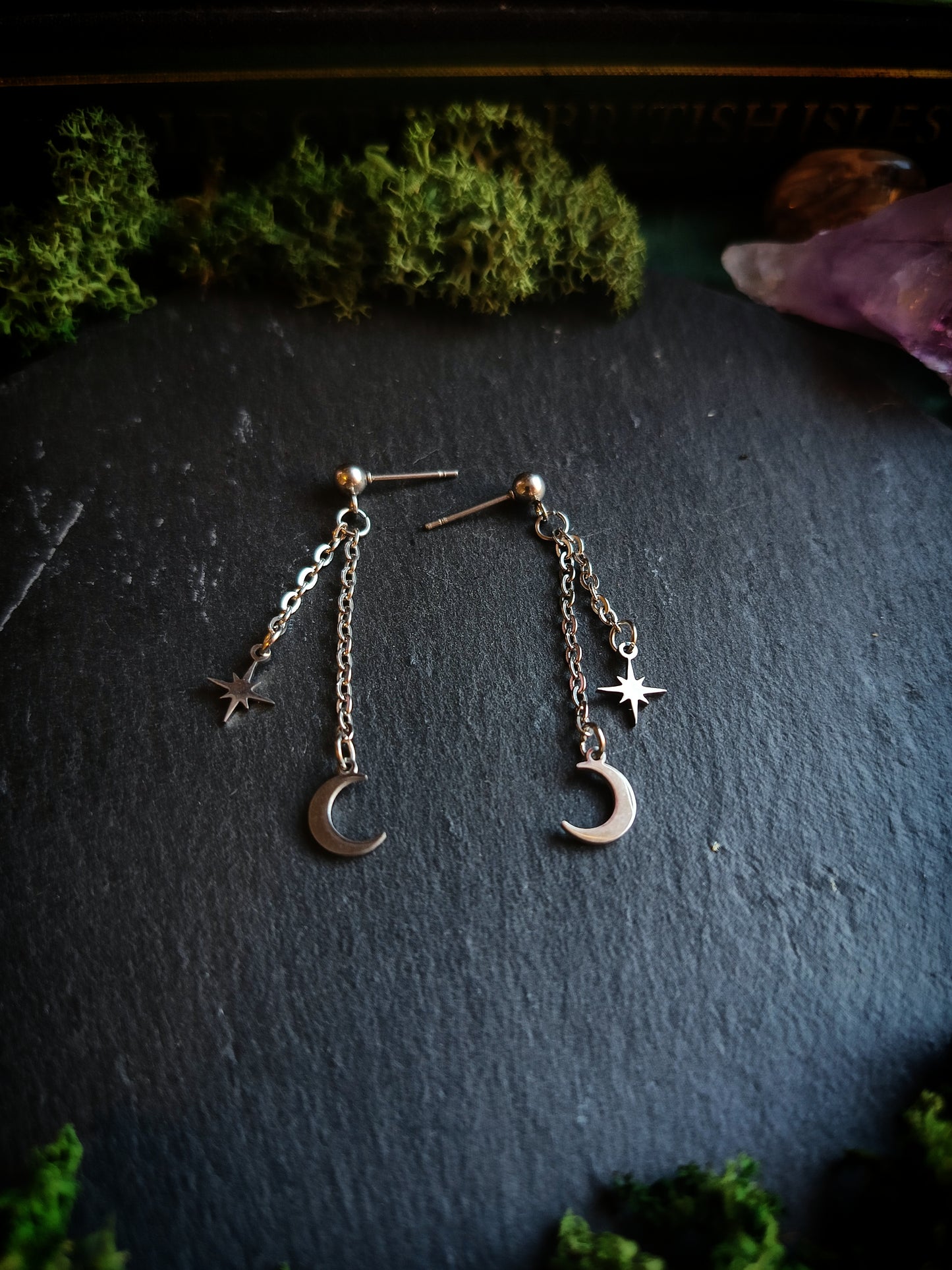 Crescent Moon & Star Stud Chain Earrings