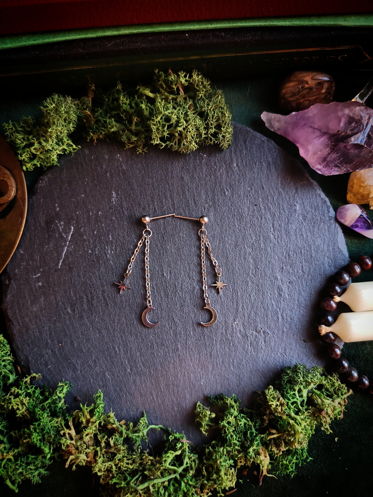 Crescent Moon & Star Stud Chain Earrings