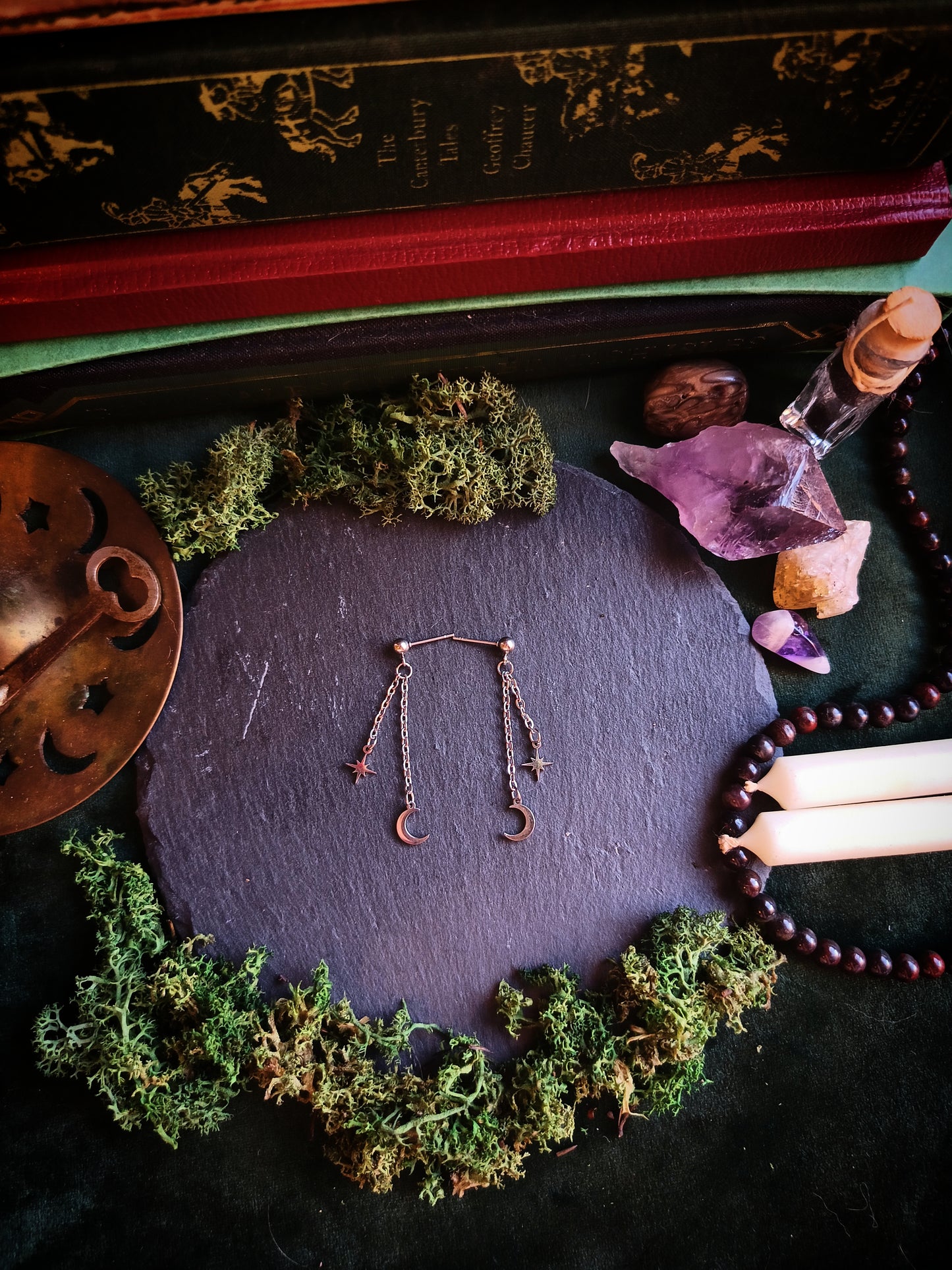 Crescent Moon & Star Stud Chain Earrings