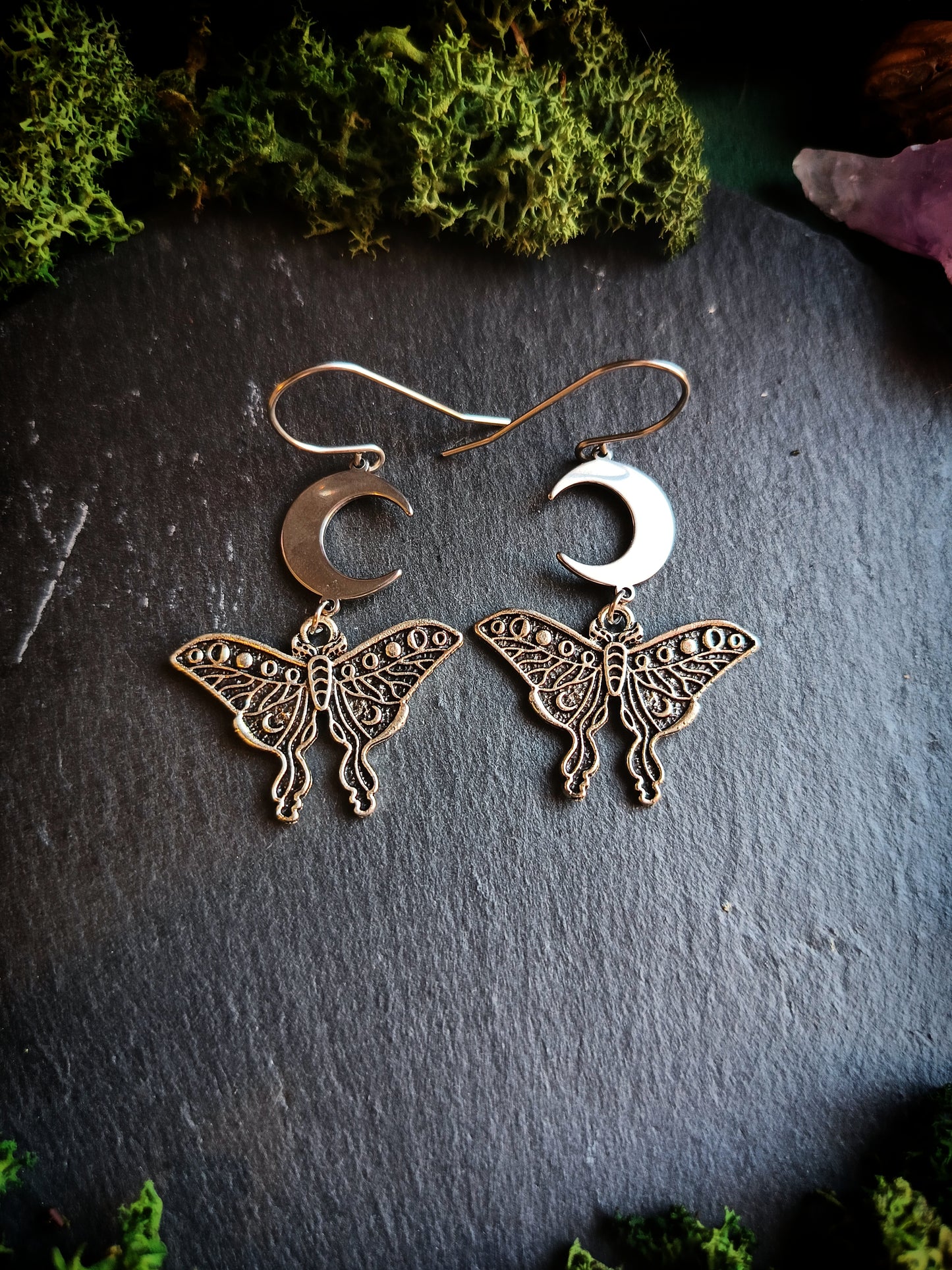 Moth and the Crescent Moon Earrings