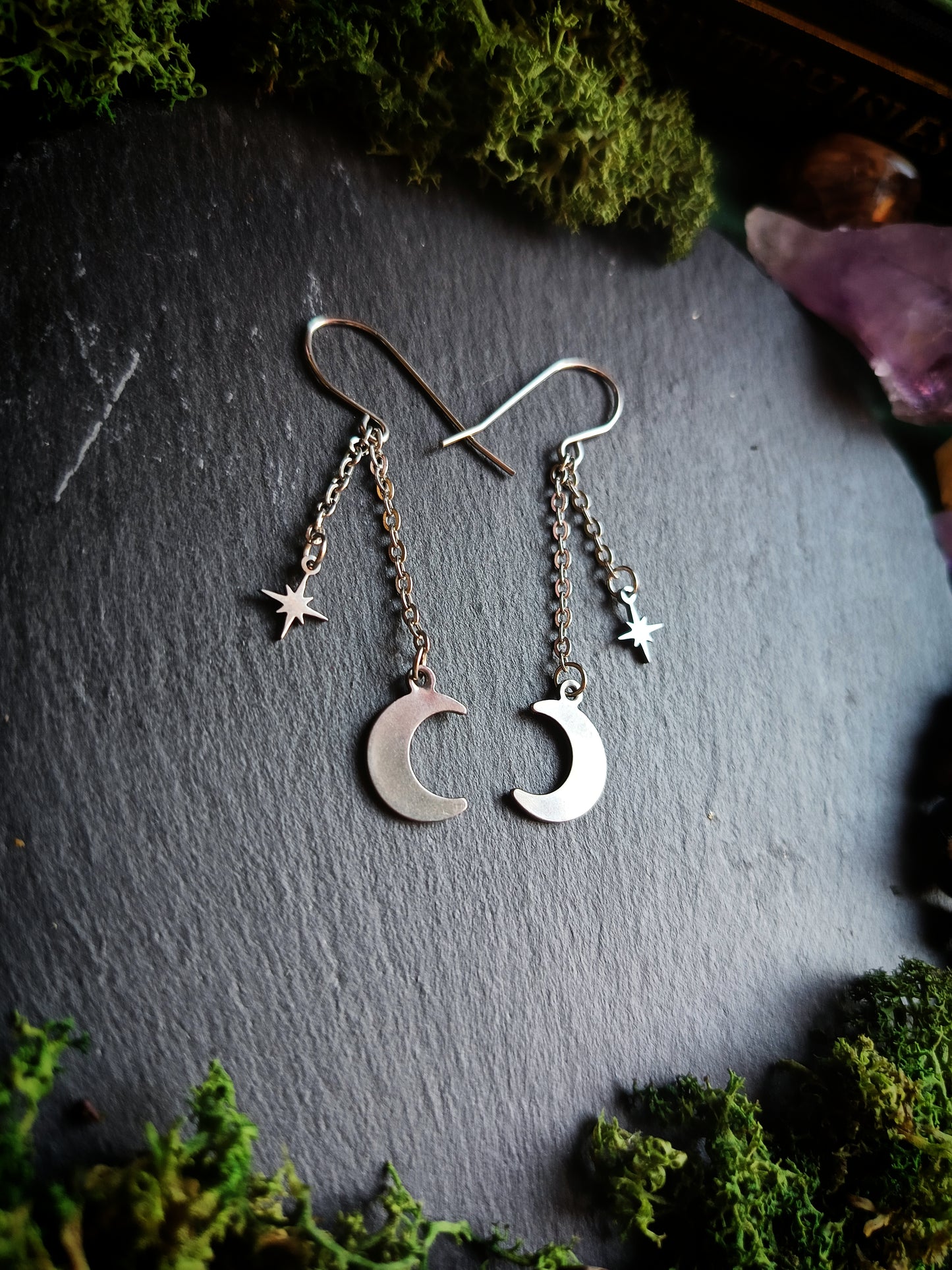 Crescent Moon & Star Hook Chain Earrings
