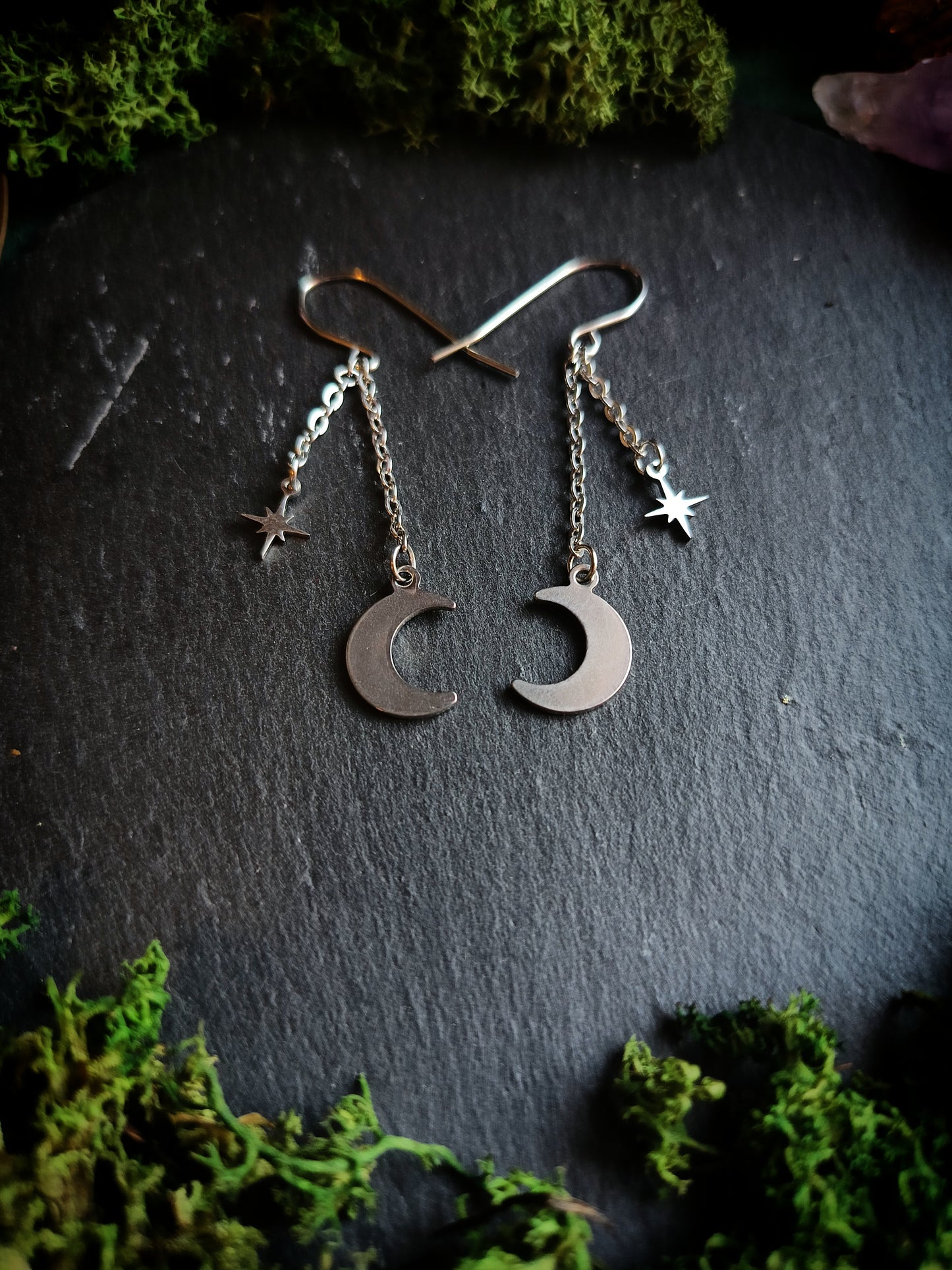Crescent Moon & Star Hook Chain Earrings