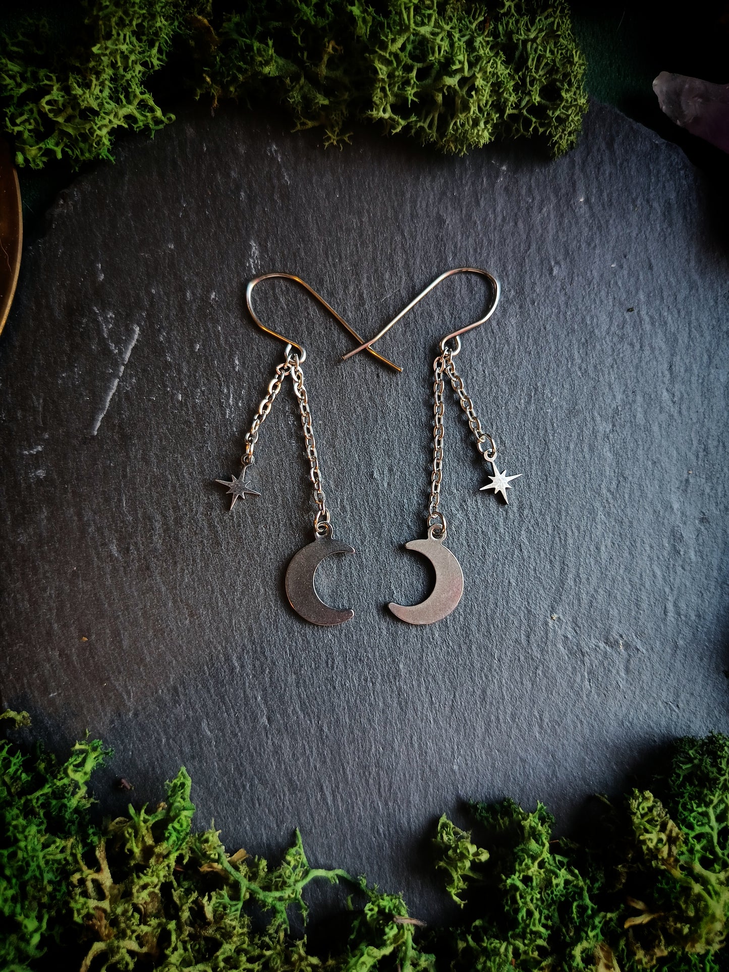 Crescent Moon & Star Hook Chain Earrings