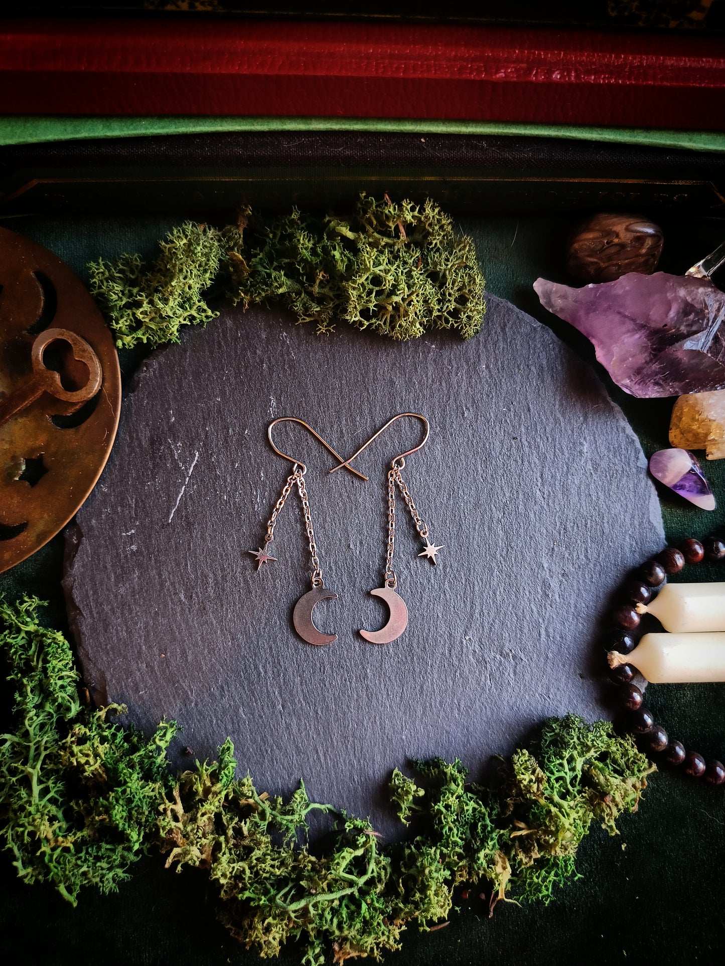 Crescent Moon & Star Hook Chain Earrings