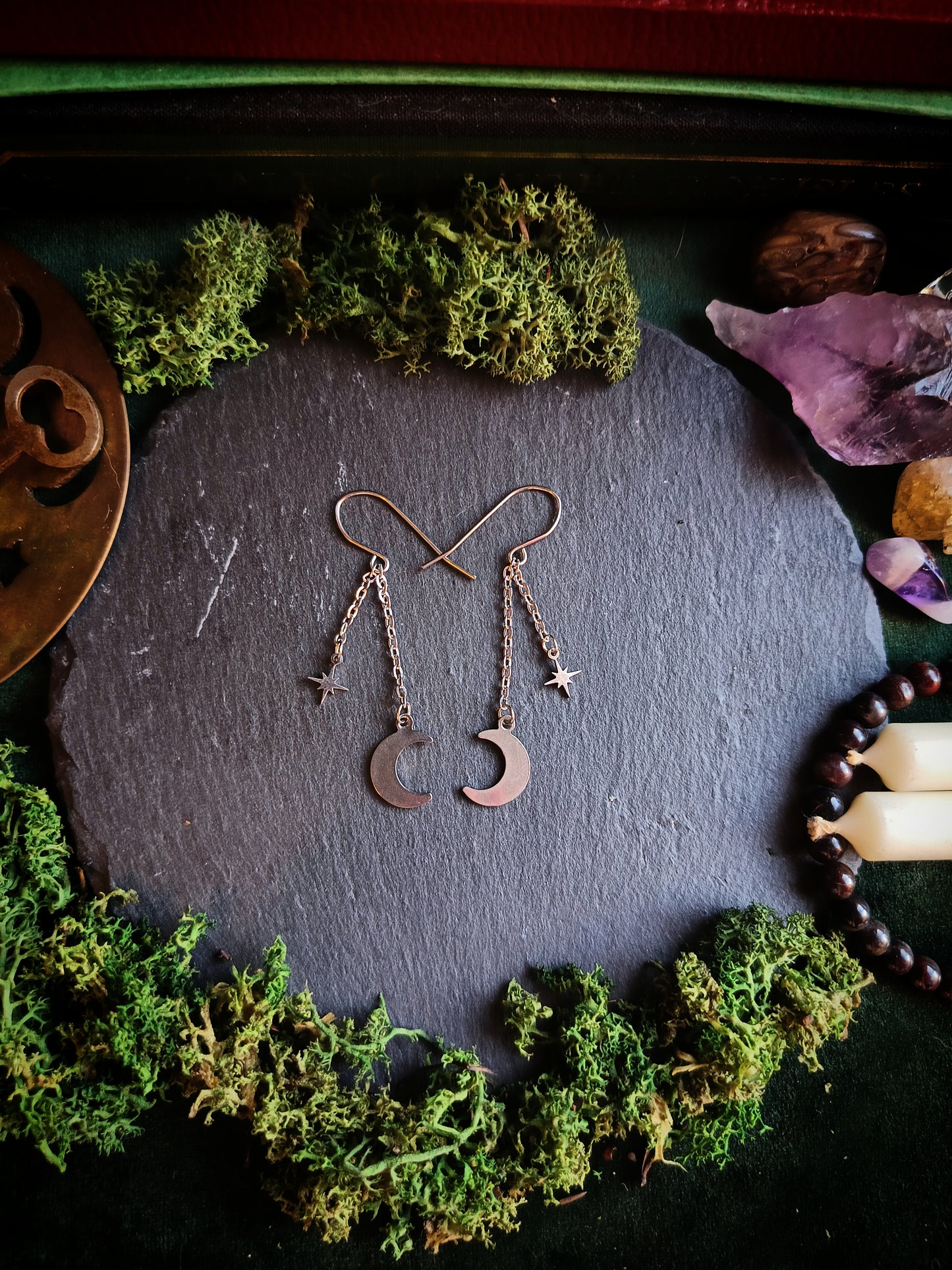 Crescent Moon & Star Hook Chain Earrings