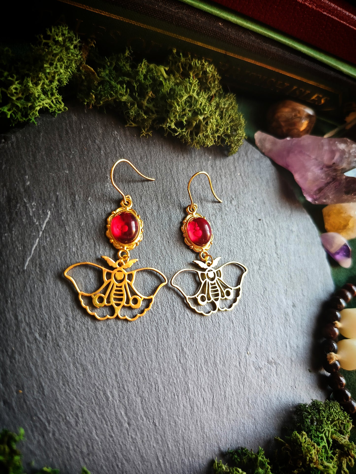 Red Gem Moth Earrings