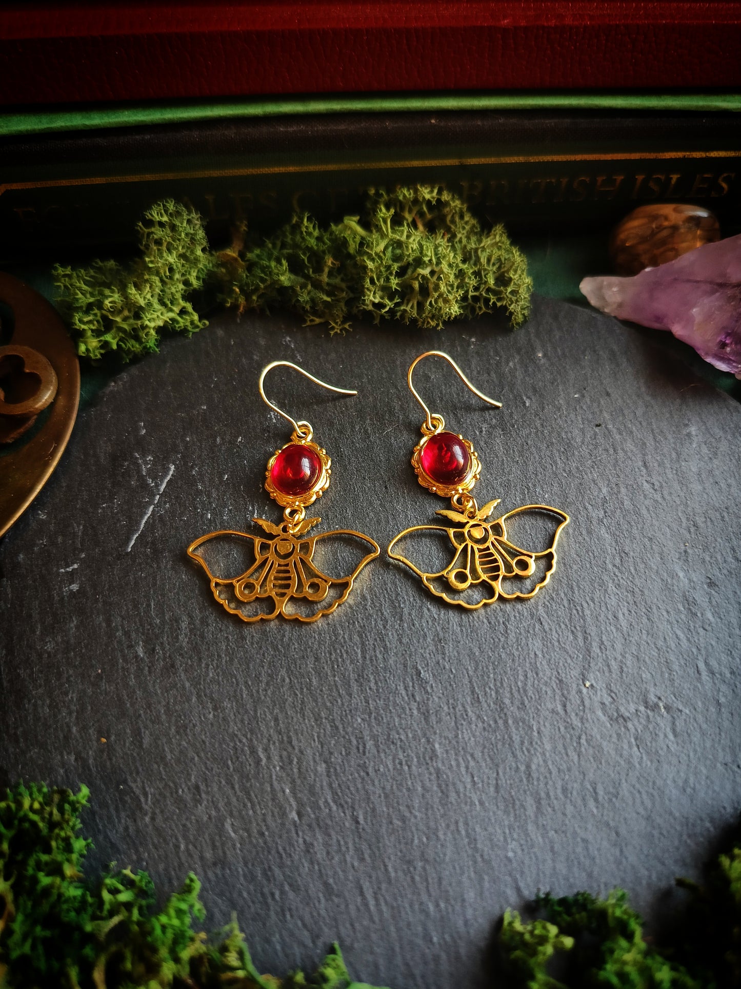 Red Gem Moth Earrings
