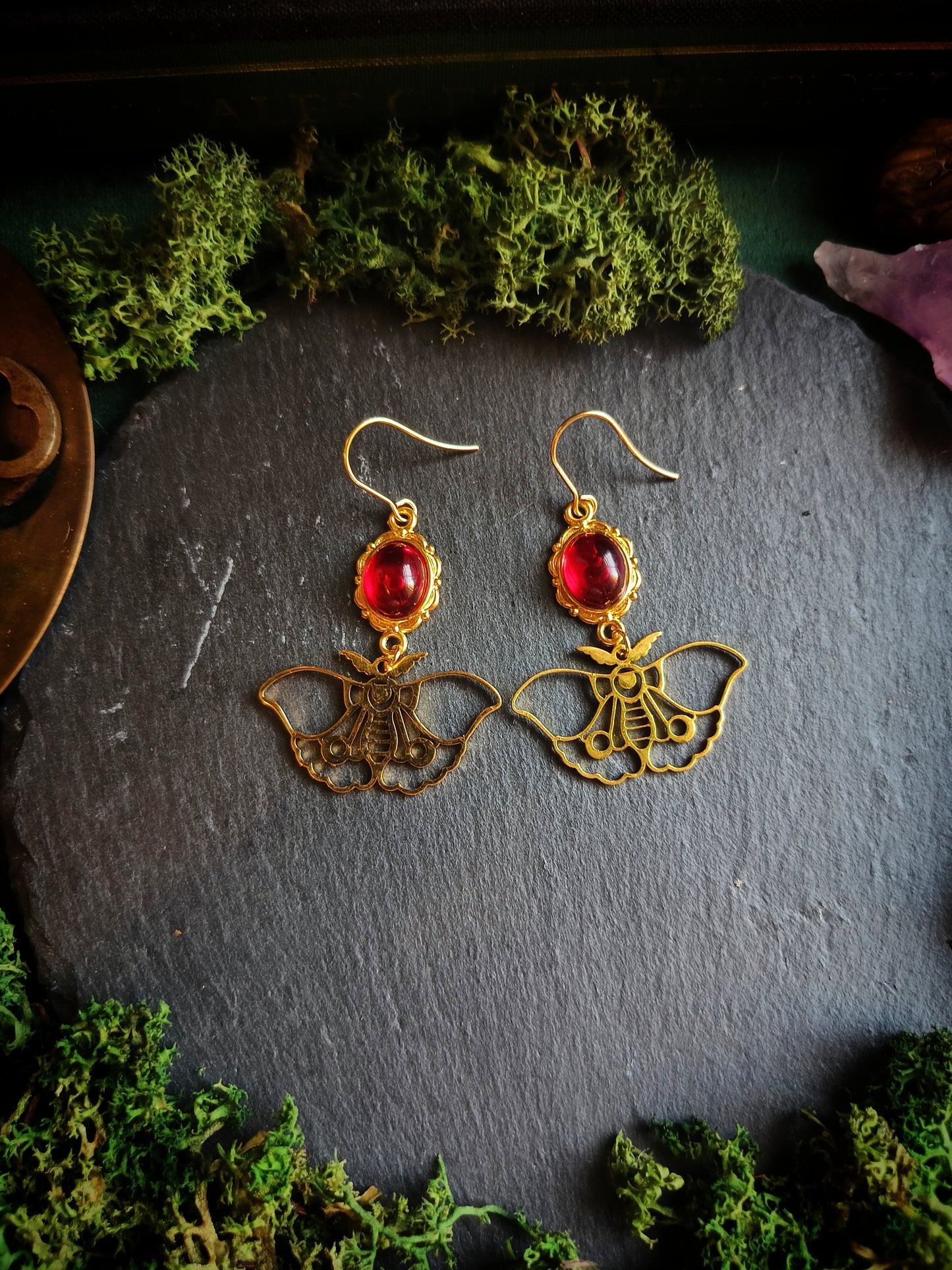 Red Gem Moth Earrings