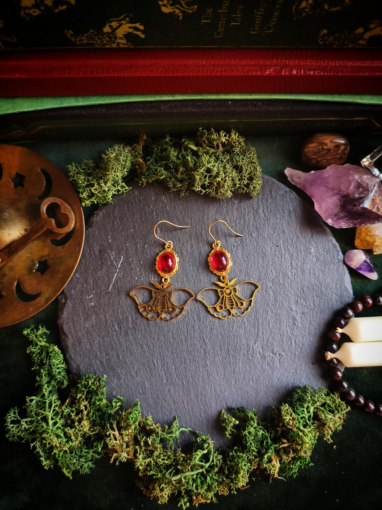 Red Gem Moth Earrings