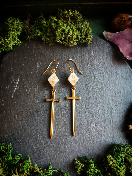 Gold and White D8 Sword Earrings