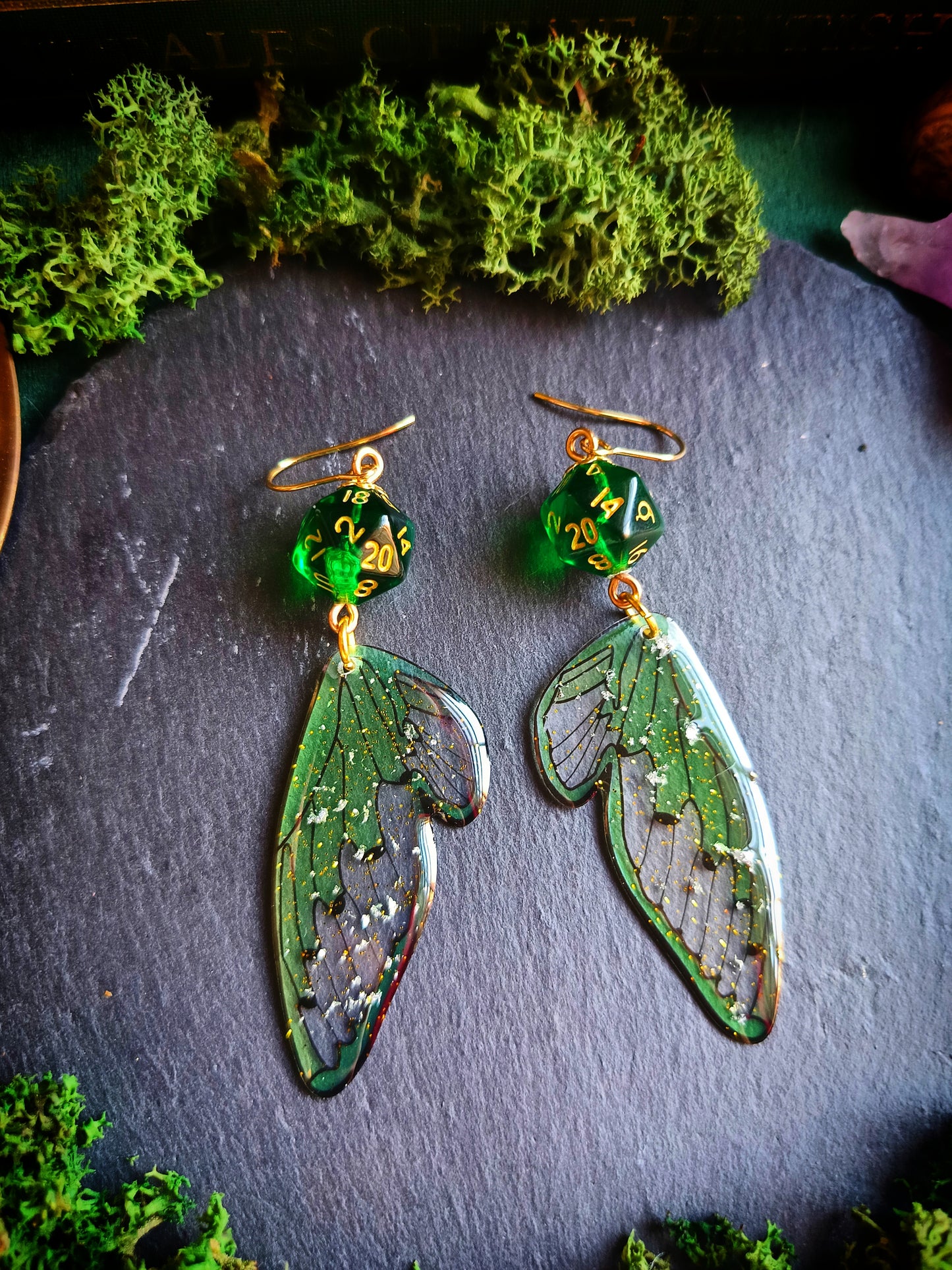 Green d20 Wing Earrings