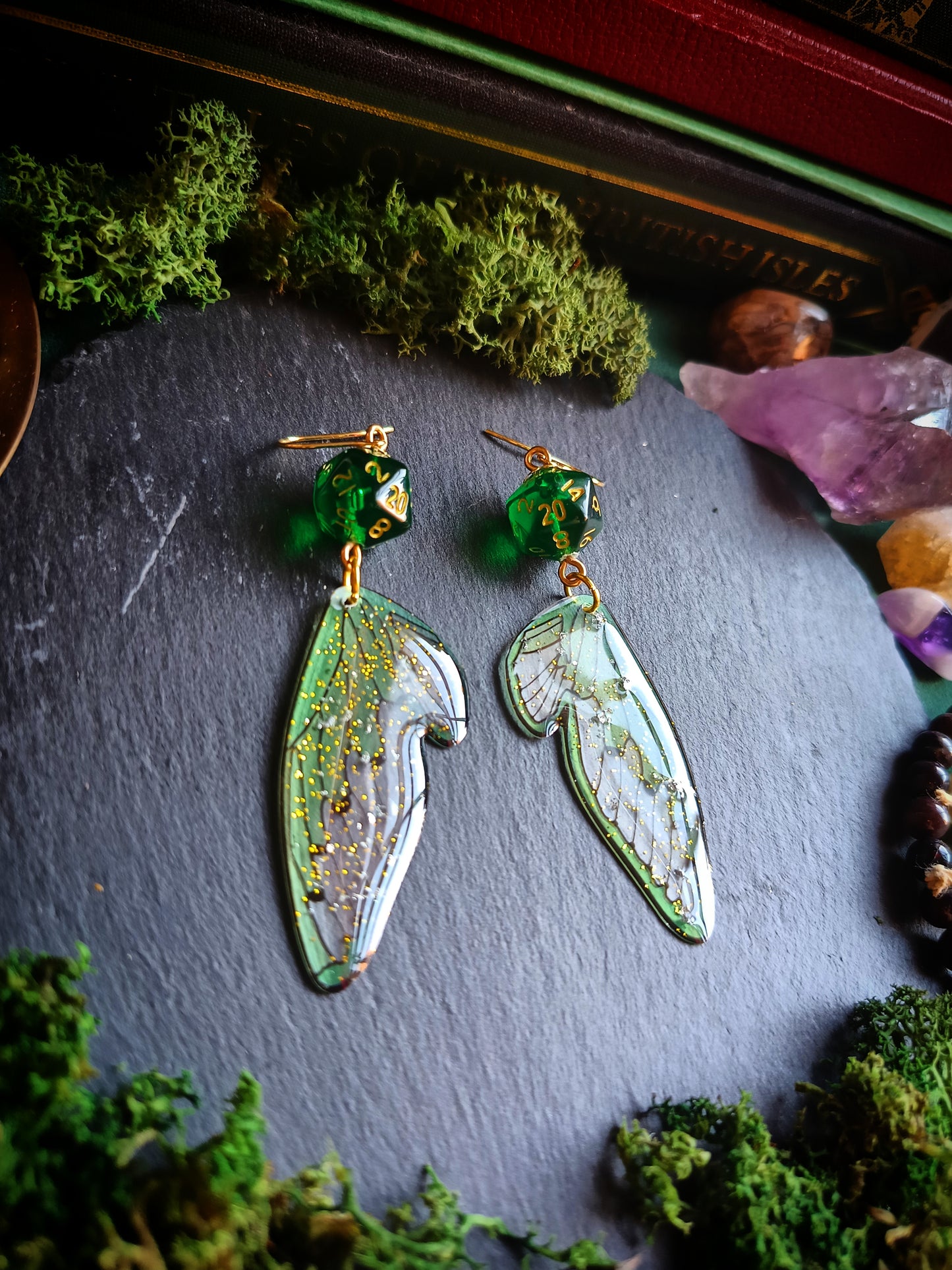 Green d20 Wing Earrings