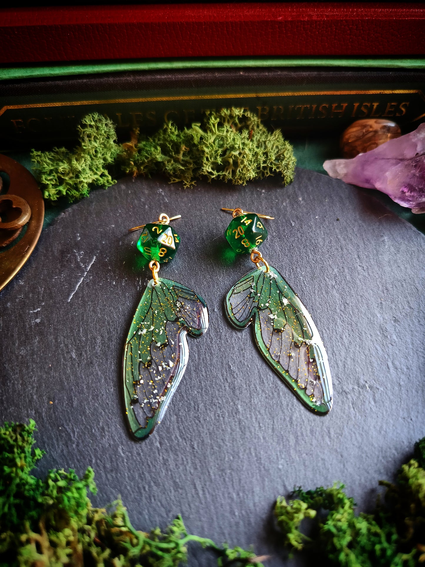 Green d20 Wing Earrings