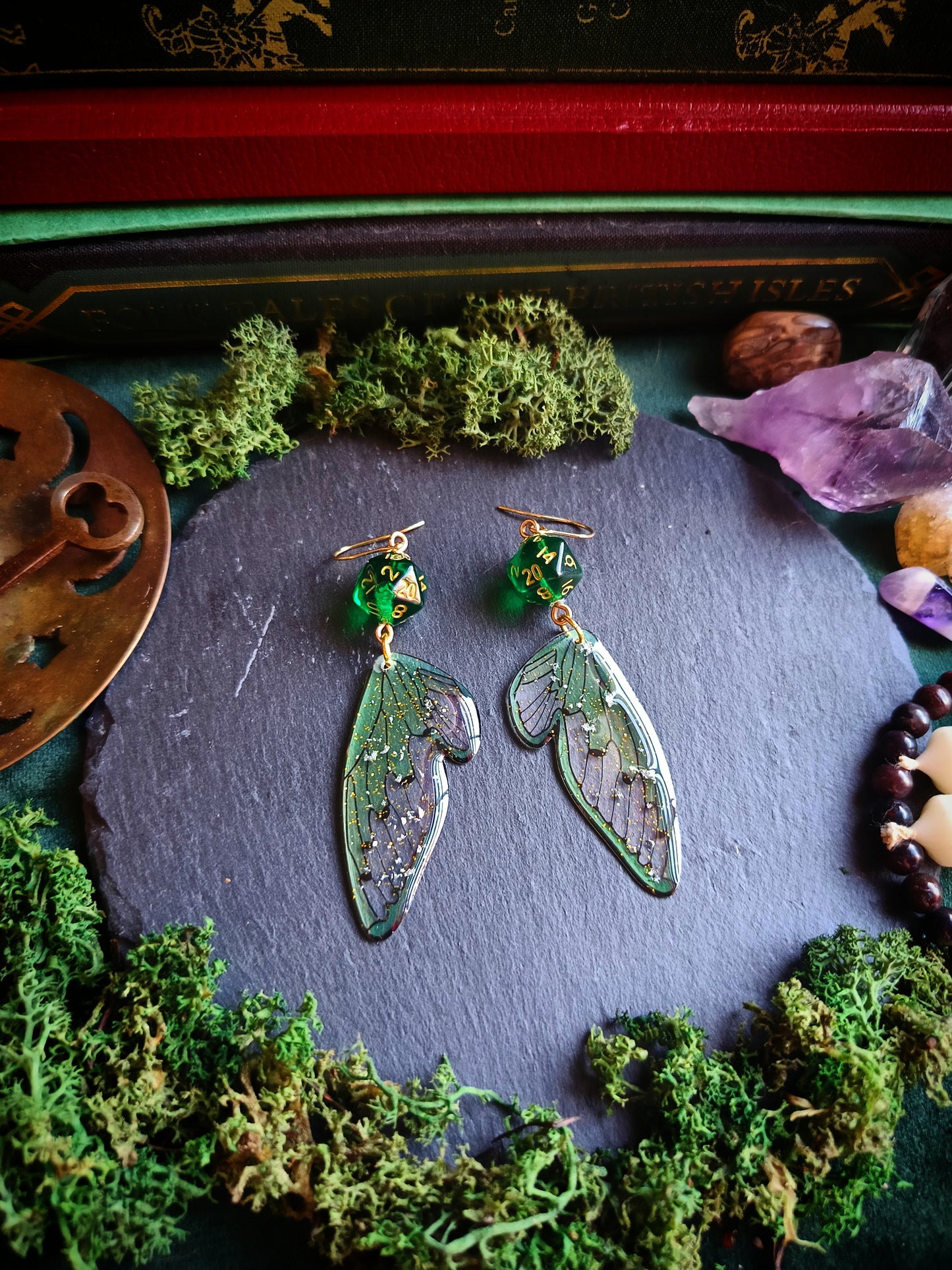 Green d20 Wing Earrings