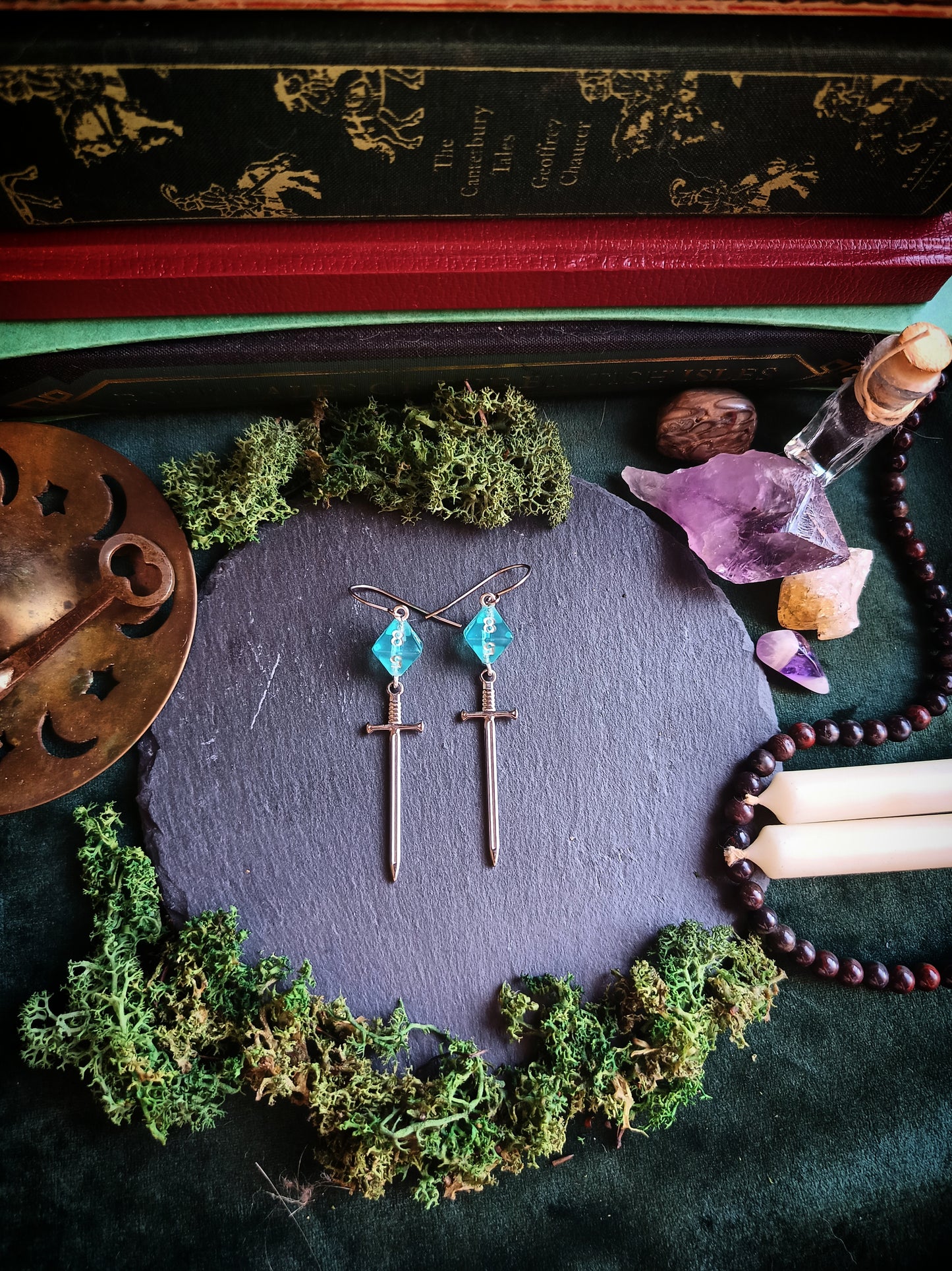 Aqua Blue D8 Sword Earrings
