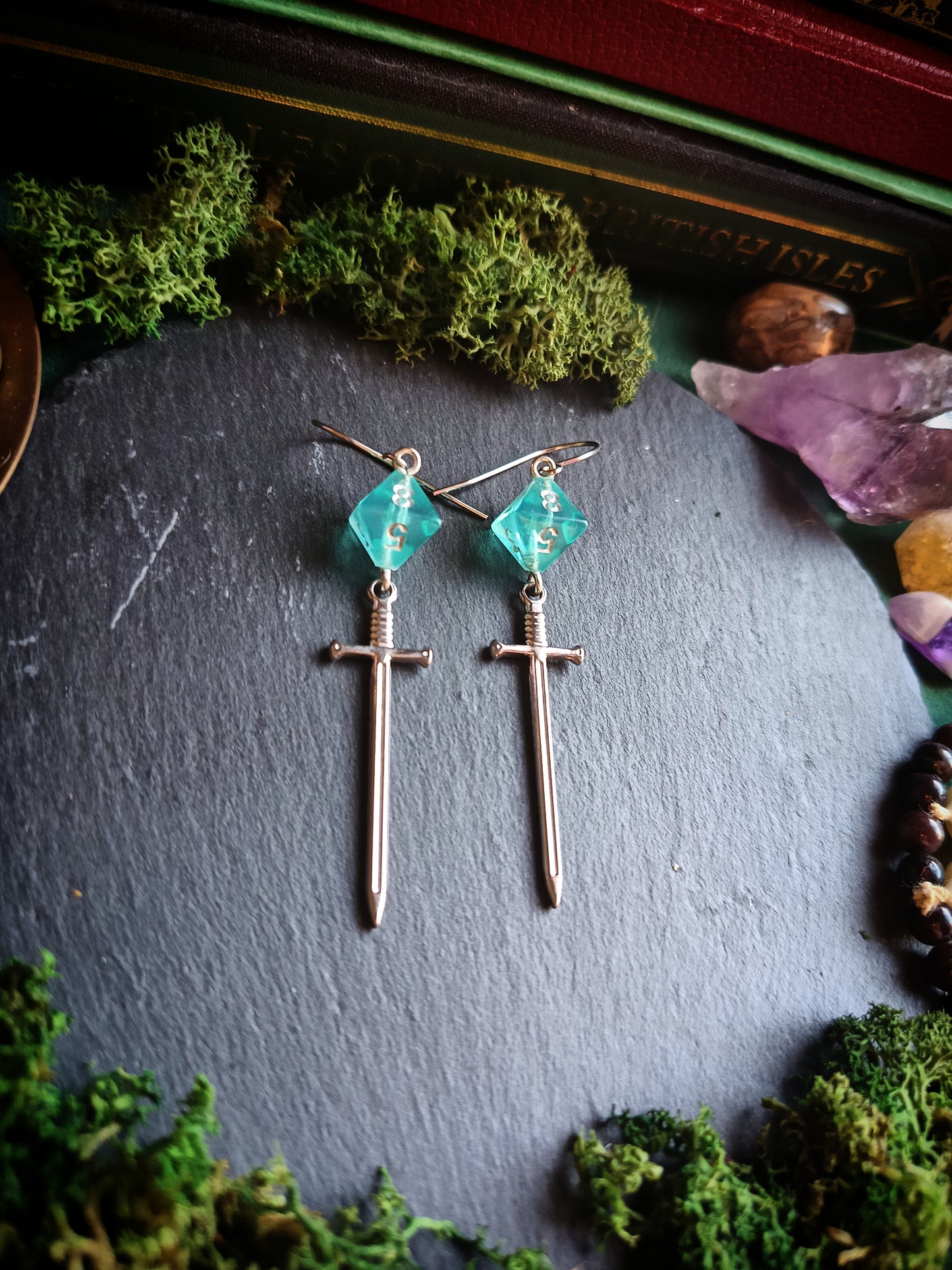 Aqua Blue D8 Sword Earrings