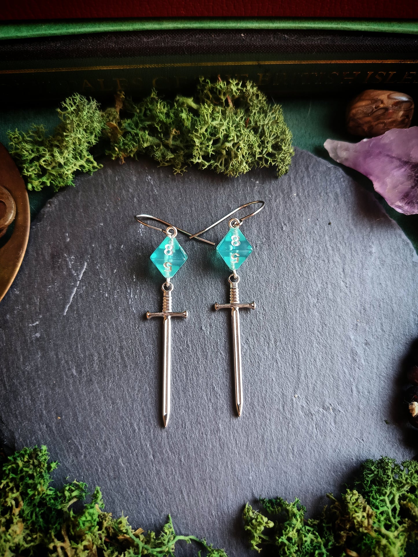 Aqua Blue D8 Sword Earrings