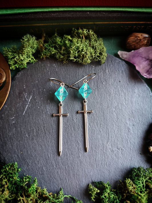 Aqua Blue D8 Sword Earrings