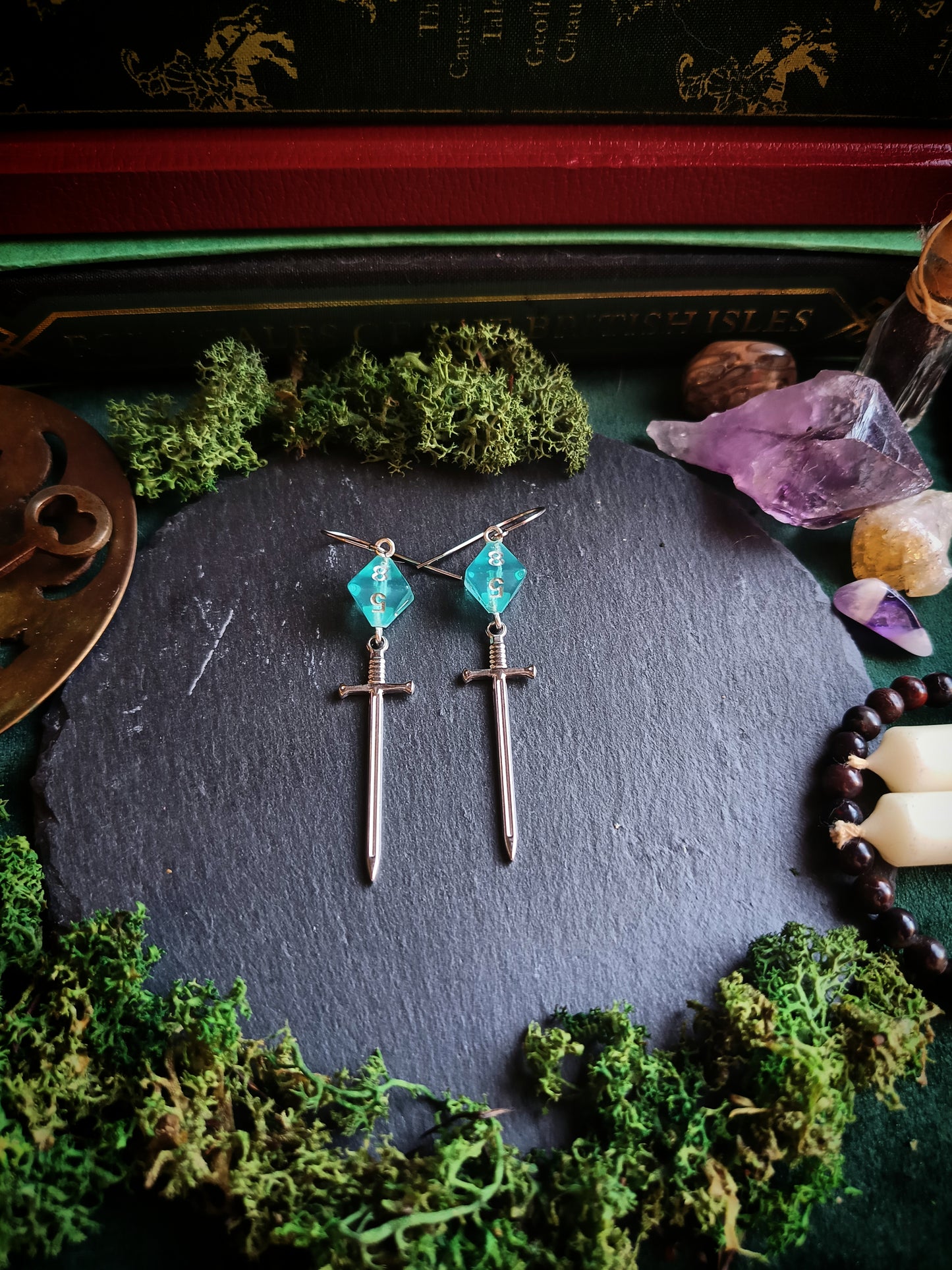 Aqua Blue D8 Sword Earrings