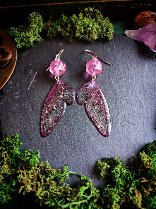 Pink d20 Wing Earrings
