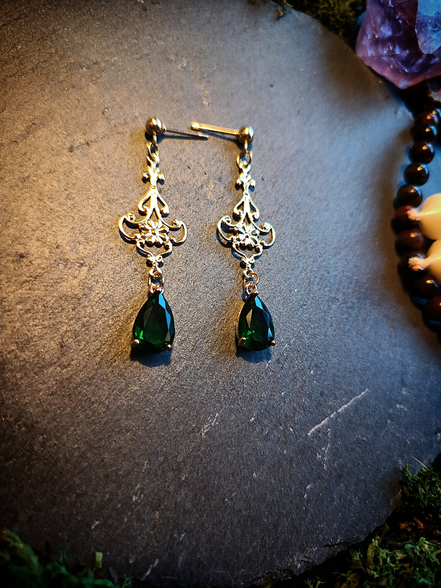 Emerald Teardrop Filigree Earrings