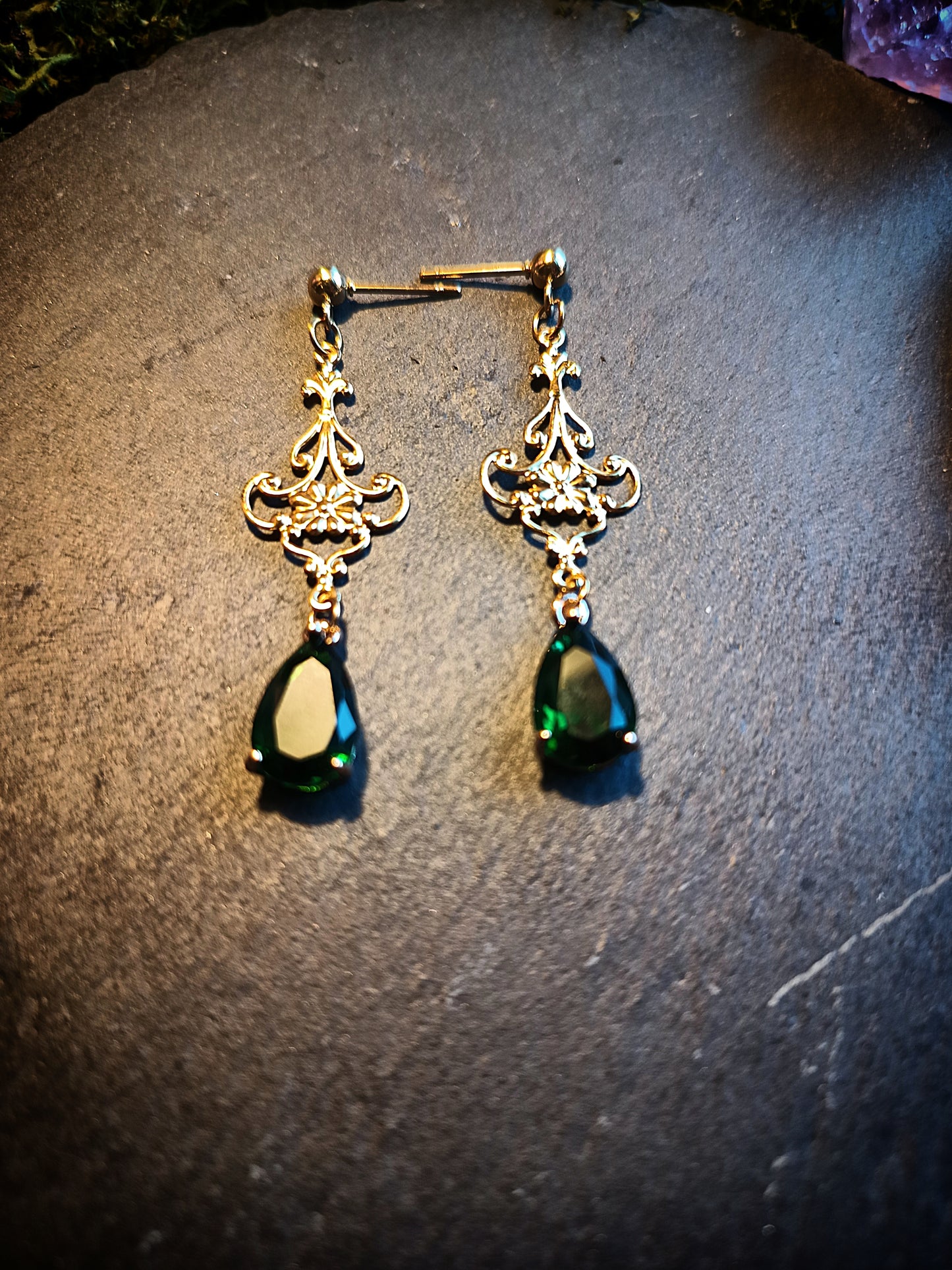 Emerald Teardrop Filigree Earrings