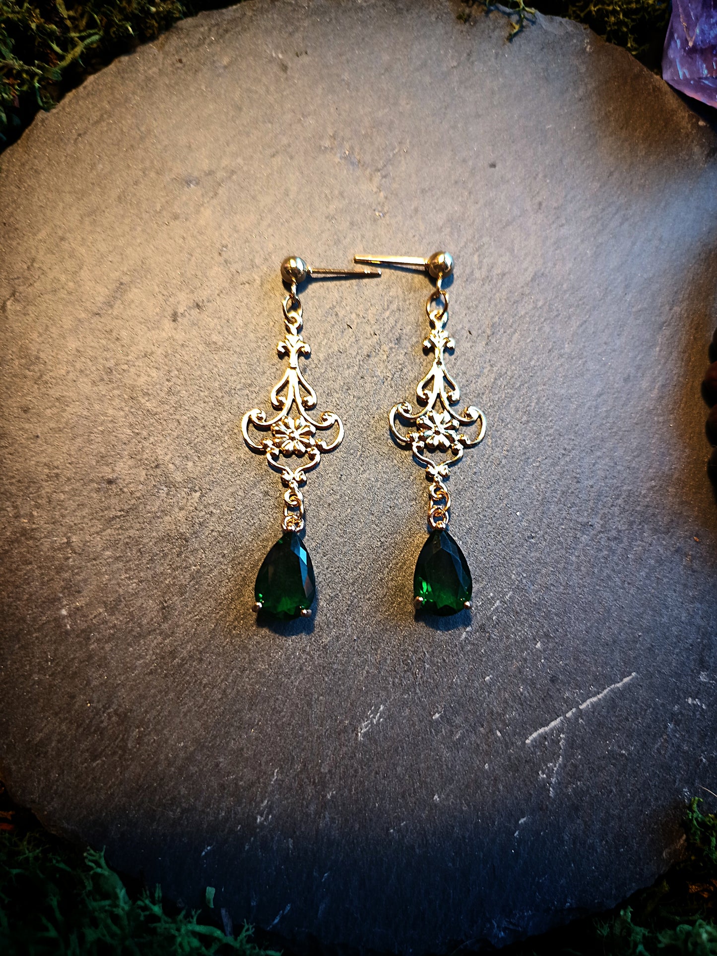 Emerald Teardrop Filigree Earrings