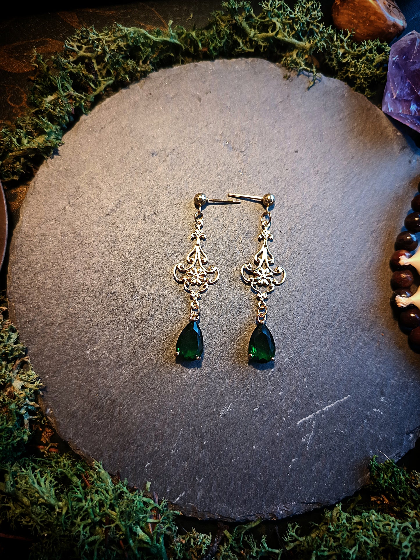Emerald Teardrop Filigree Earrings