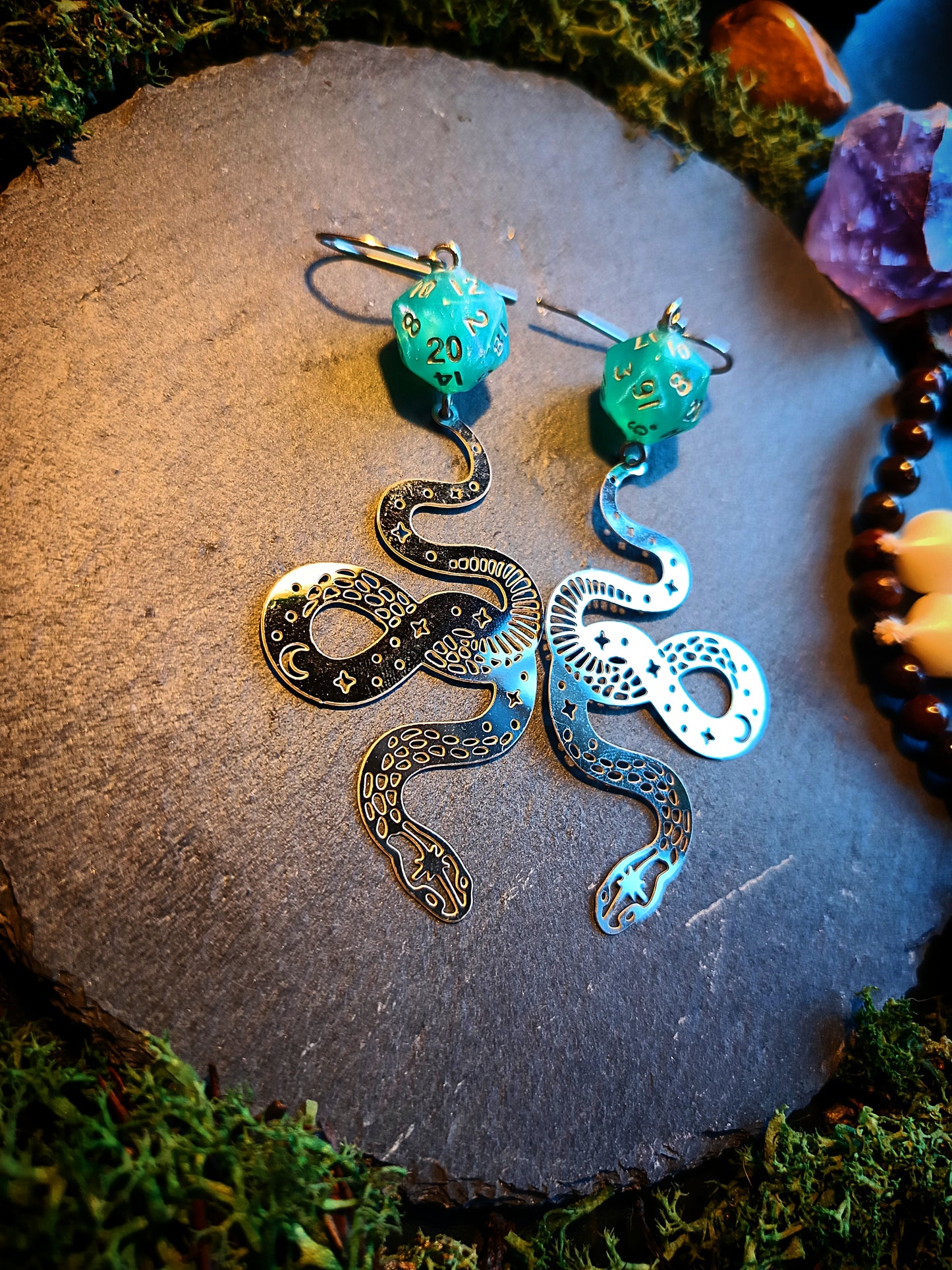 Celestial Serpent & Teal Dice Earrings