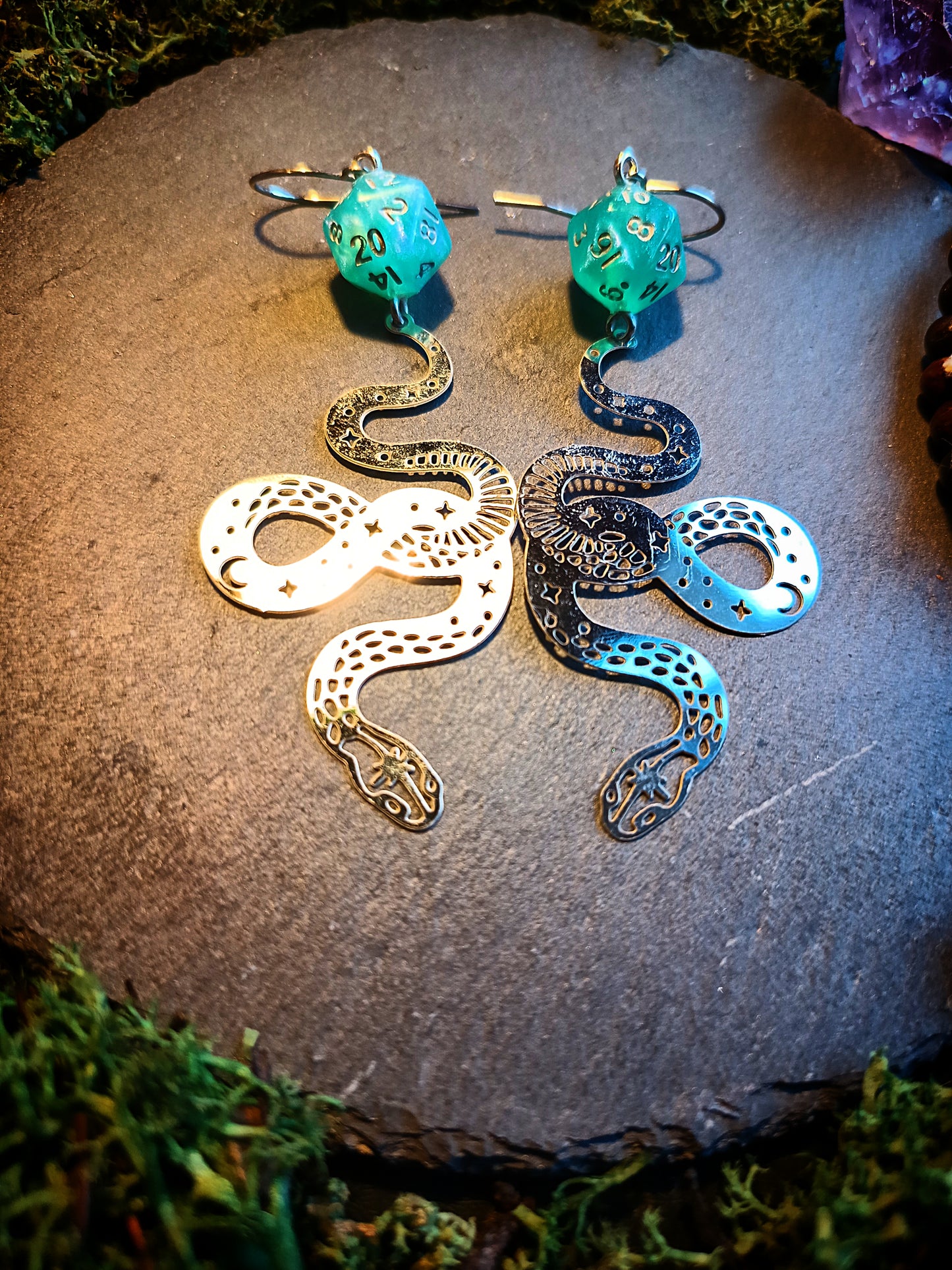 Celestial Serpent & Teal Dice Earrings