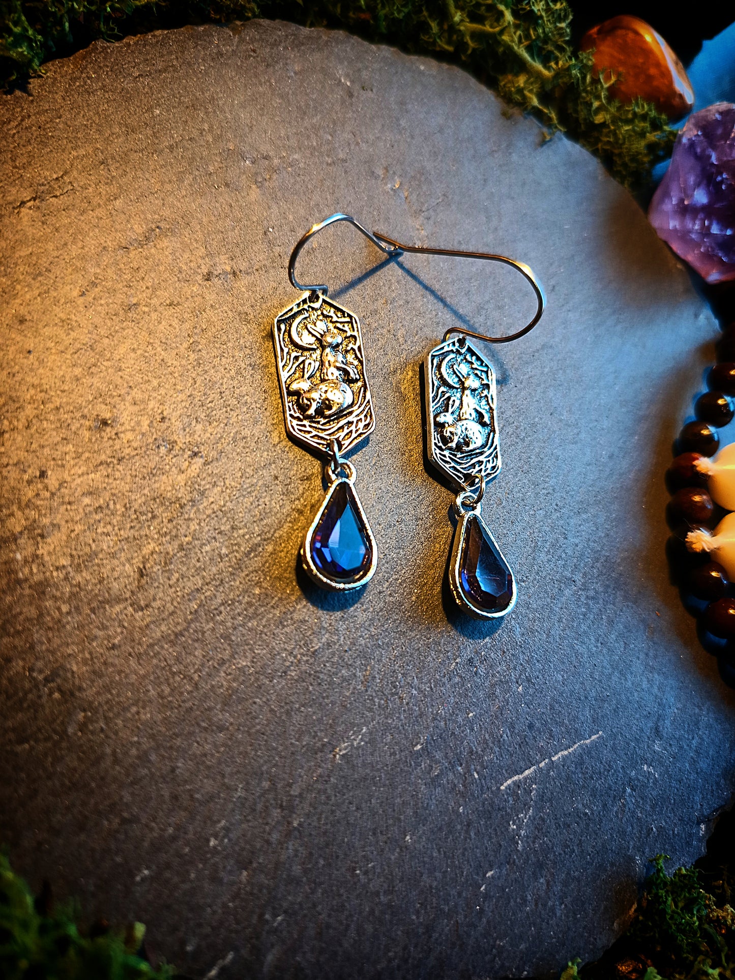 Lunar Rabbit Earrings with Violet Crystal Drops