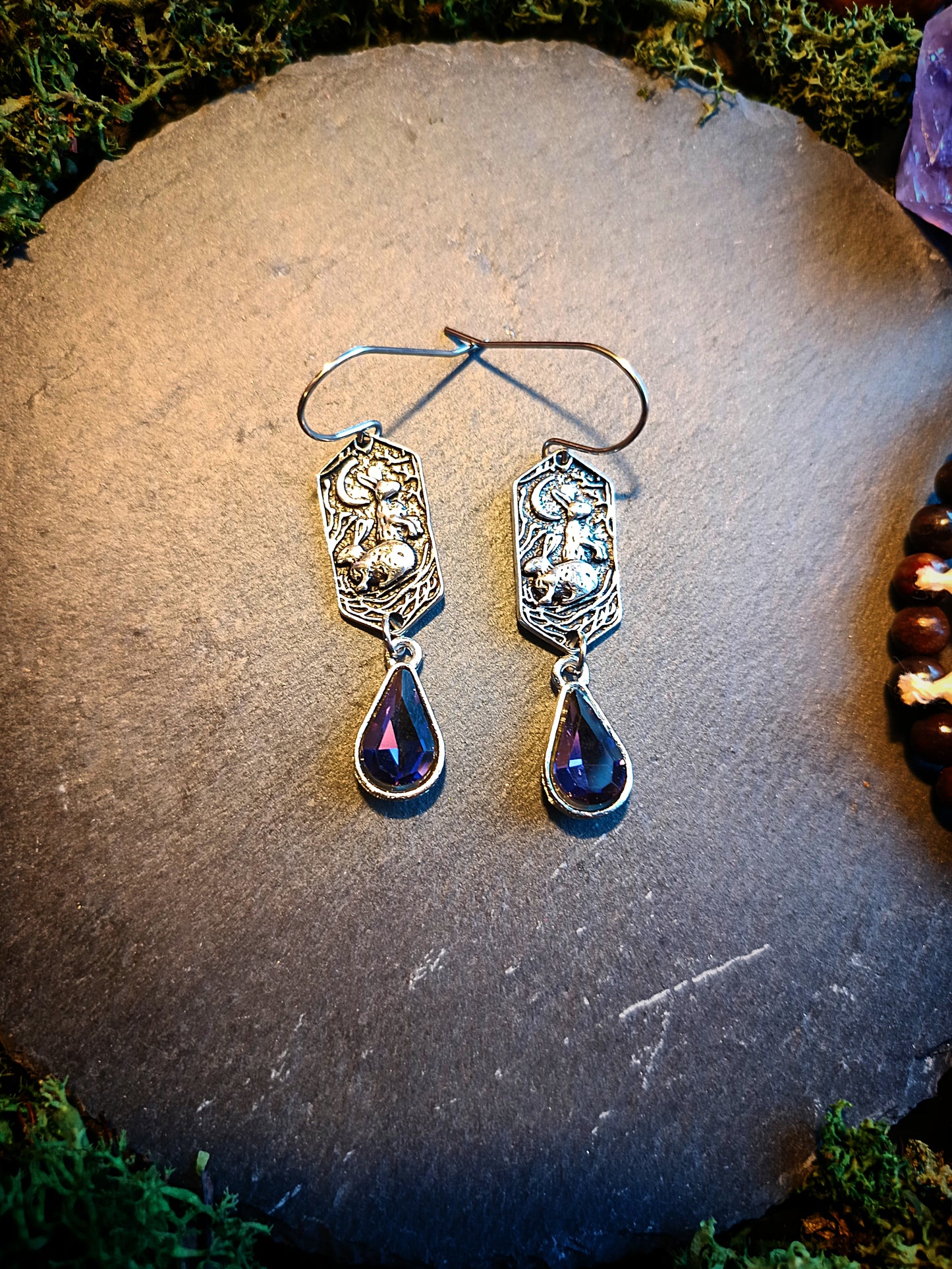 Lunar Rabbit Earrings with Violet Crystal Drops