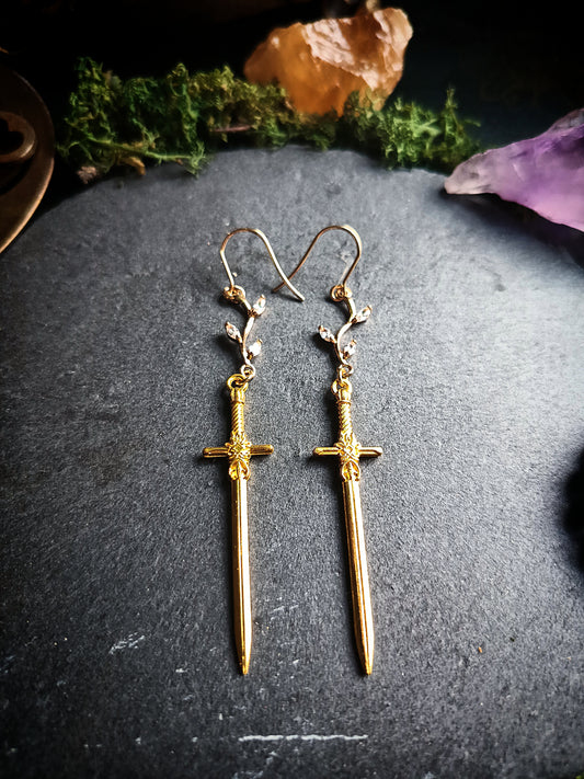 Sword Earrings with Leaf Detail